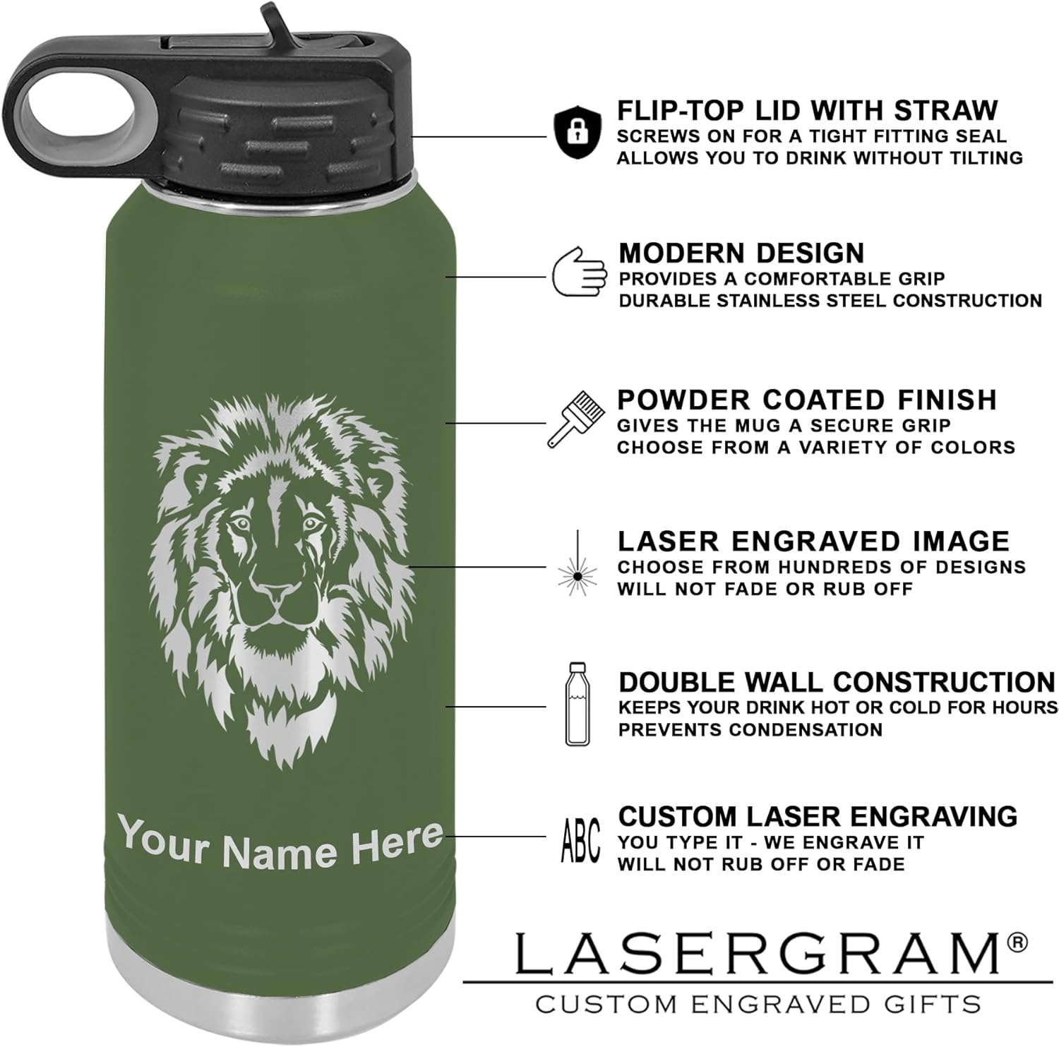 LaserGram Botella de agua de doble pared abatible de 40 onzas con pajilla, dinosaurio Tiranosaurio Rex, grabado personalizado incluido (verde