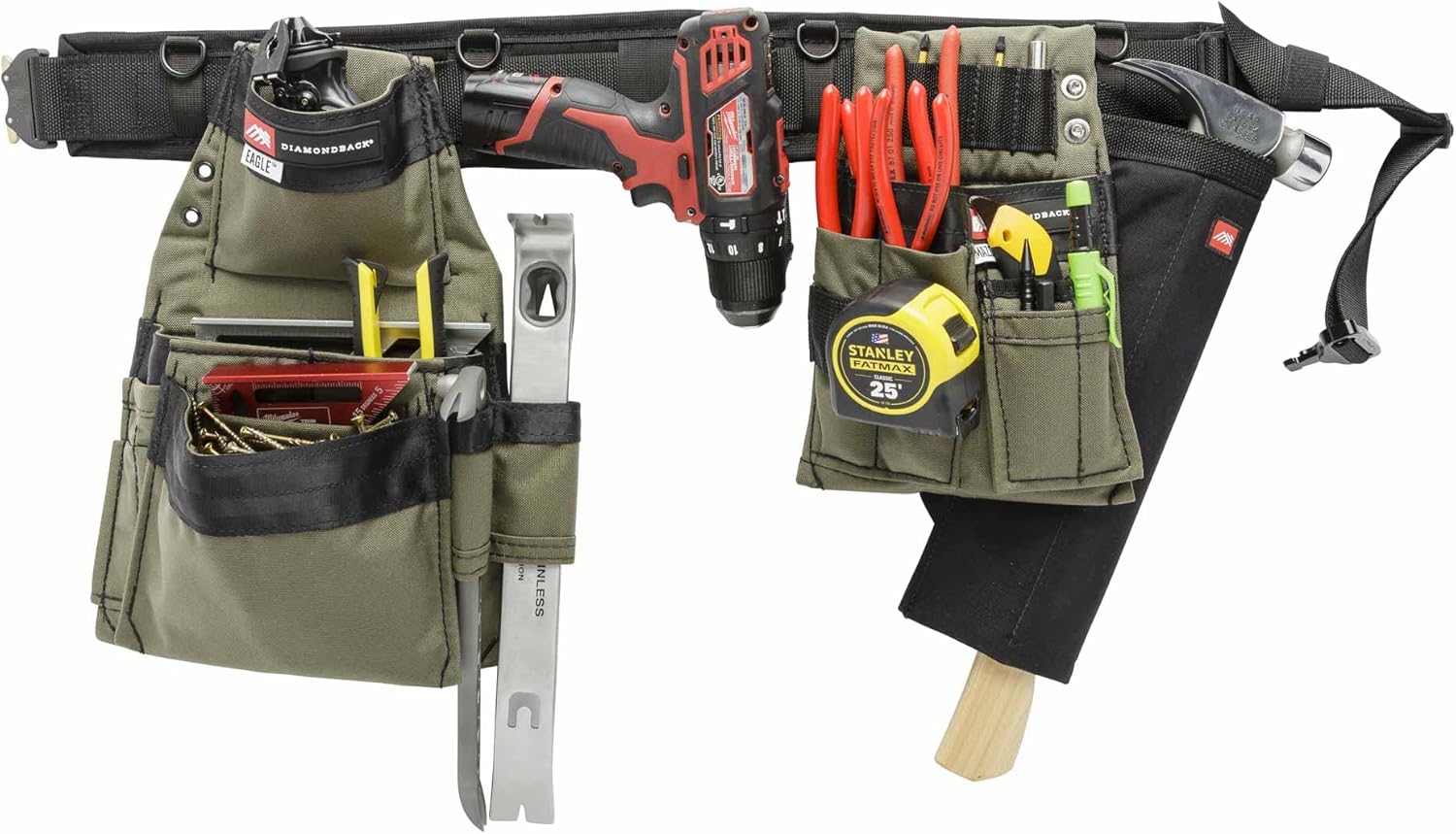 El sistema de cinturón de herramientas Diamondback Chopo, diestro, verde guardabosque, pequeño, para carpinteros, electricistas, techadores, paneles