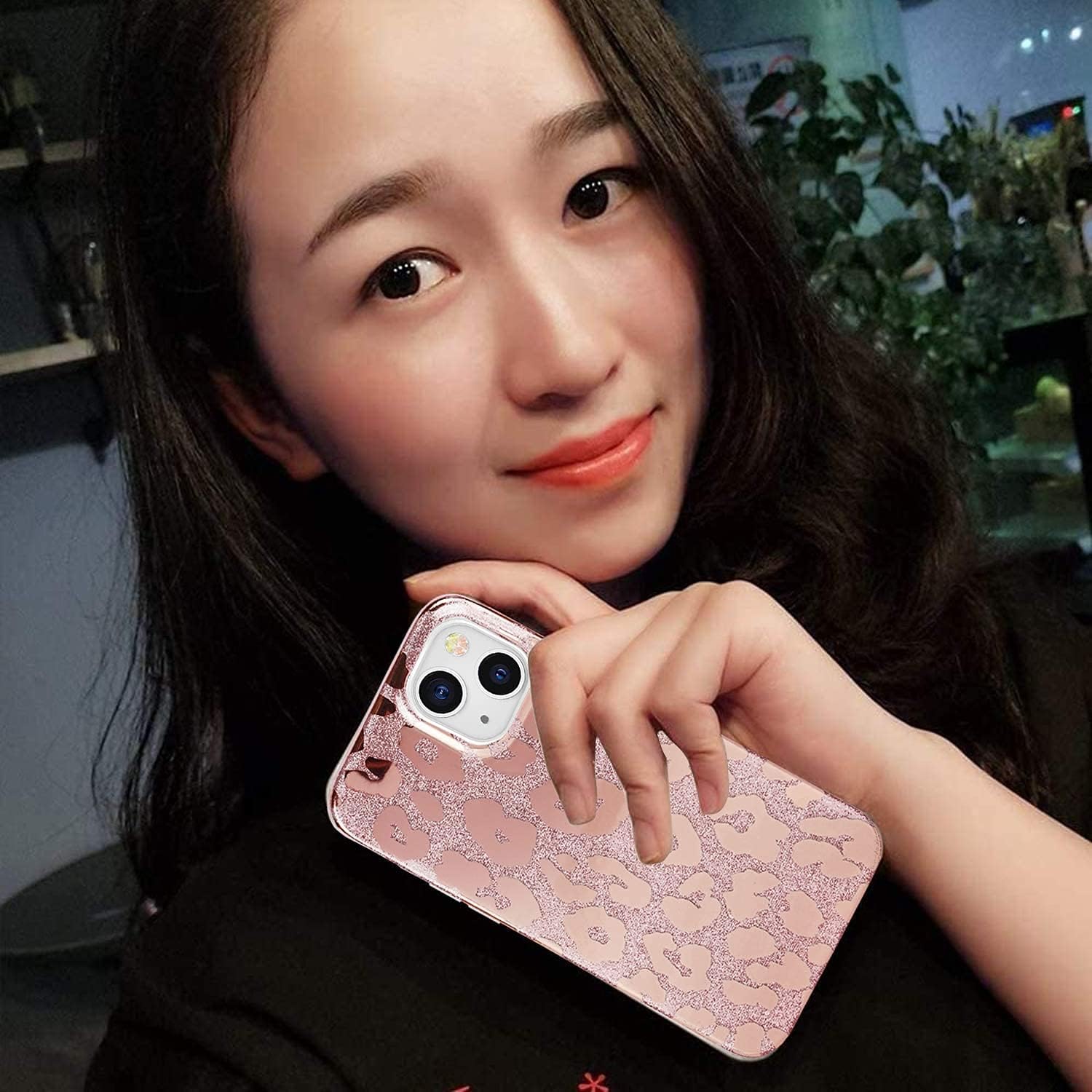 J.west Funda compatible con iPhone 15 de 6.1 pulgadas, diseño de estampado de leopardo con purpurina metálica de lujo, delgada, de silicona suave,