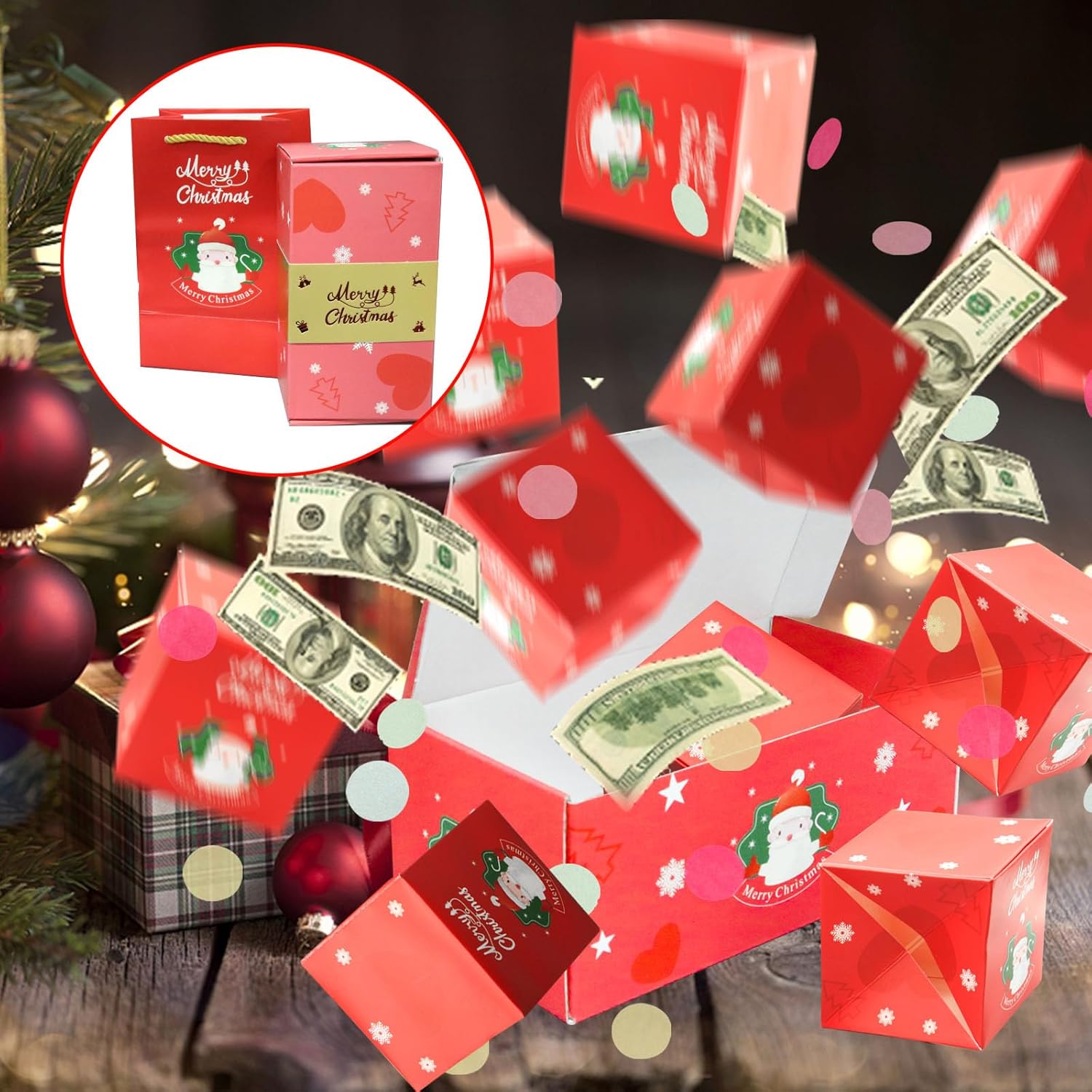 Caja de regalo sorpresa explosión para dinero, caja sorpresa de Feliz Navidad, caja de regalo, caja de explosión con confeti, cajas de Navidad, caja