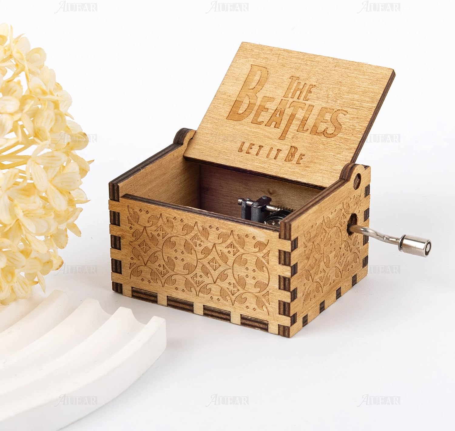 AUEAR, Caja de música de madera Let It Be con manivela grabada con láser, caja musical vintage, caja musical pequeña, regalo único para cumpleaños,