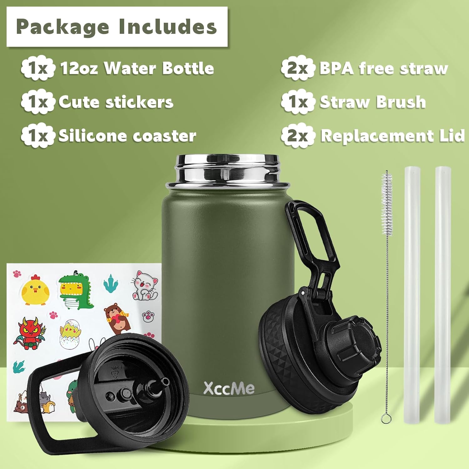 Botella de agua de acero inoxidable para niños, botellas de agua de 12 onzas para niños y niñas, botella de agua de metal aislada con popote, 2