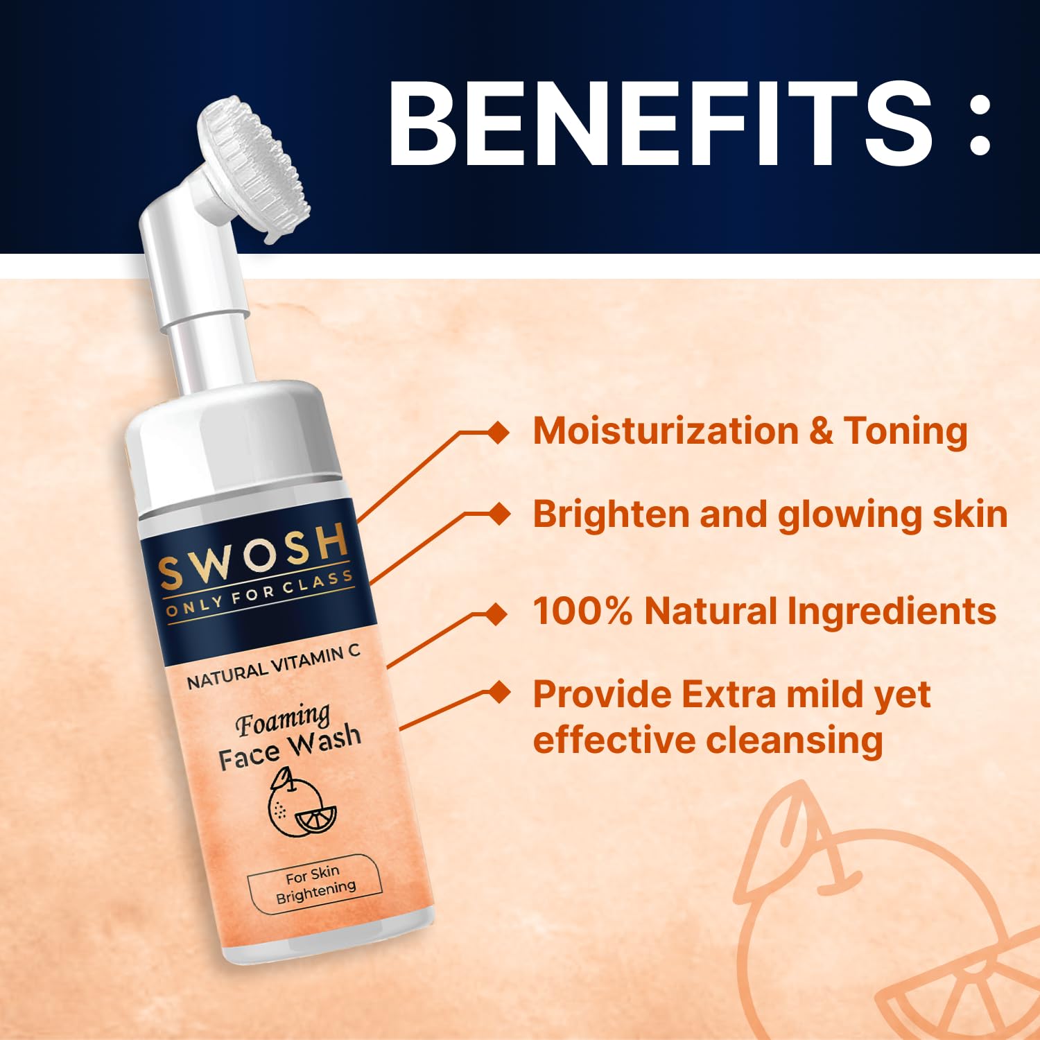 SWOSH Jabón facial espumoso natural con vitamina C para piel propensa a espinillas y grasas, sin parabenos, sulfatos, siliconas y color (con cepillo