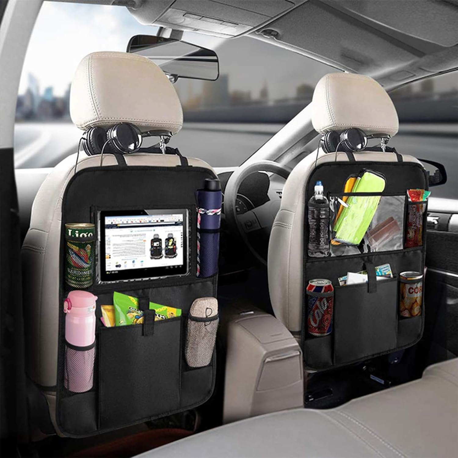 Organizador de asiento trasero de automóvil, 2 bolsillos de almacenamiento de tela Oxford con soporte para tableta para pantalla táctil, protector