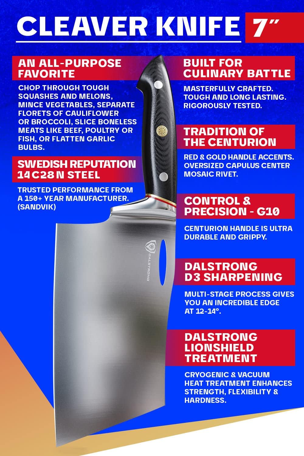Dalstrong Cuchillo de carnicero de 7 pulgadas, serie Centurion, acero inoxidable sueco 14C28N de alto carbono, mango G10, cuchillo afilado para