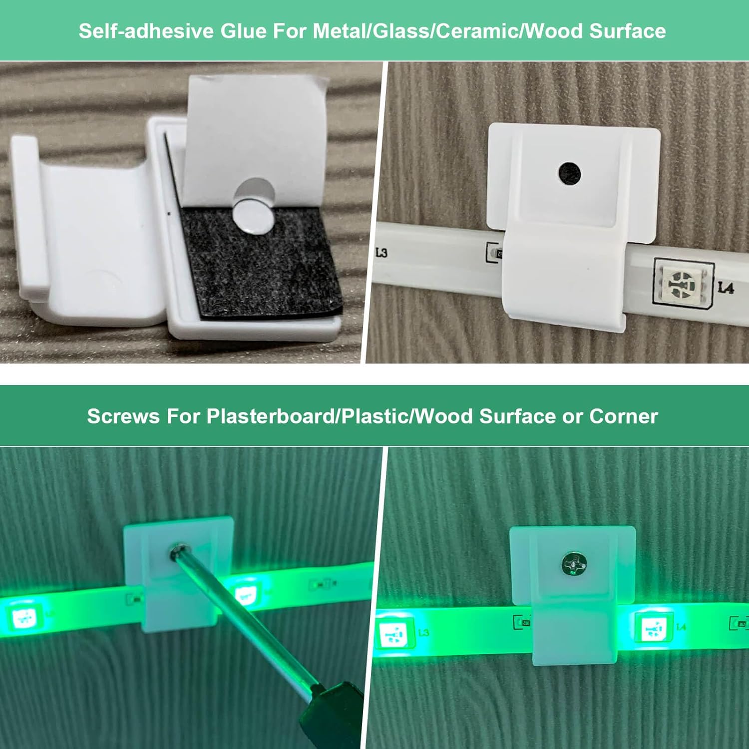 Rxment Clips de montaje para tiras de luces LED con cinta autoadhesiva + tornillos, soportes de montaje ideales para tiras de luz de 8 a 0.394 in,