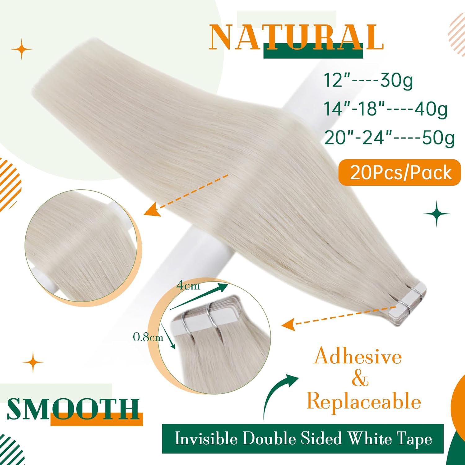 Easyouth #1000 – Extensiones de cabello humano rubio con cinta adhesiva de doble cara Easyouth #1000, 20 pulgadas, 1.76 oz, 20 unidades