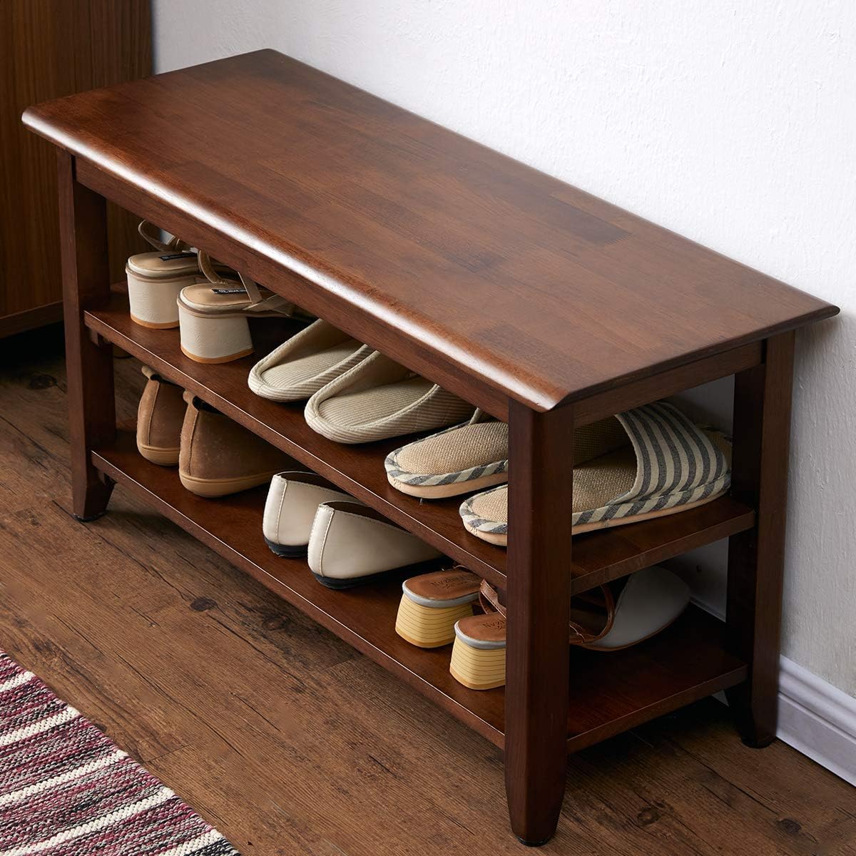 Banco de zapatos, banco de almacenamiento de zapatos de madera, banco de entrada, banco de zapatos de madera de 3 niveles, estante para zapatos para