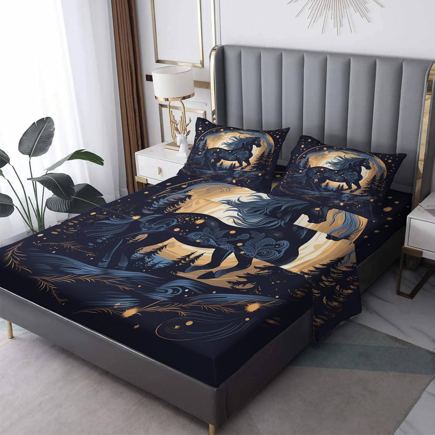 Sábanas de caballo tamaño Queen, sábanas de animales, sábanas y fundas de almohada estampadas de 4 piezas, sábana bajera ajustable de microfibra