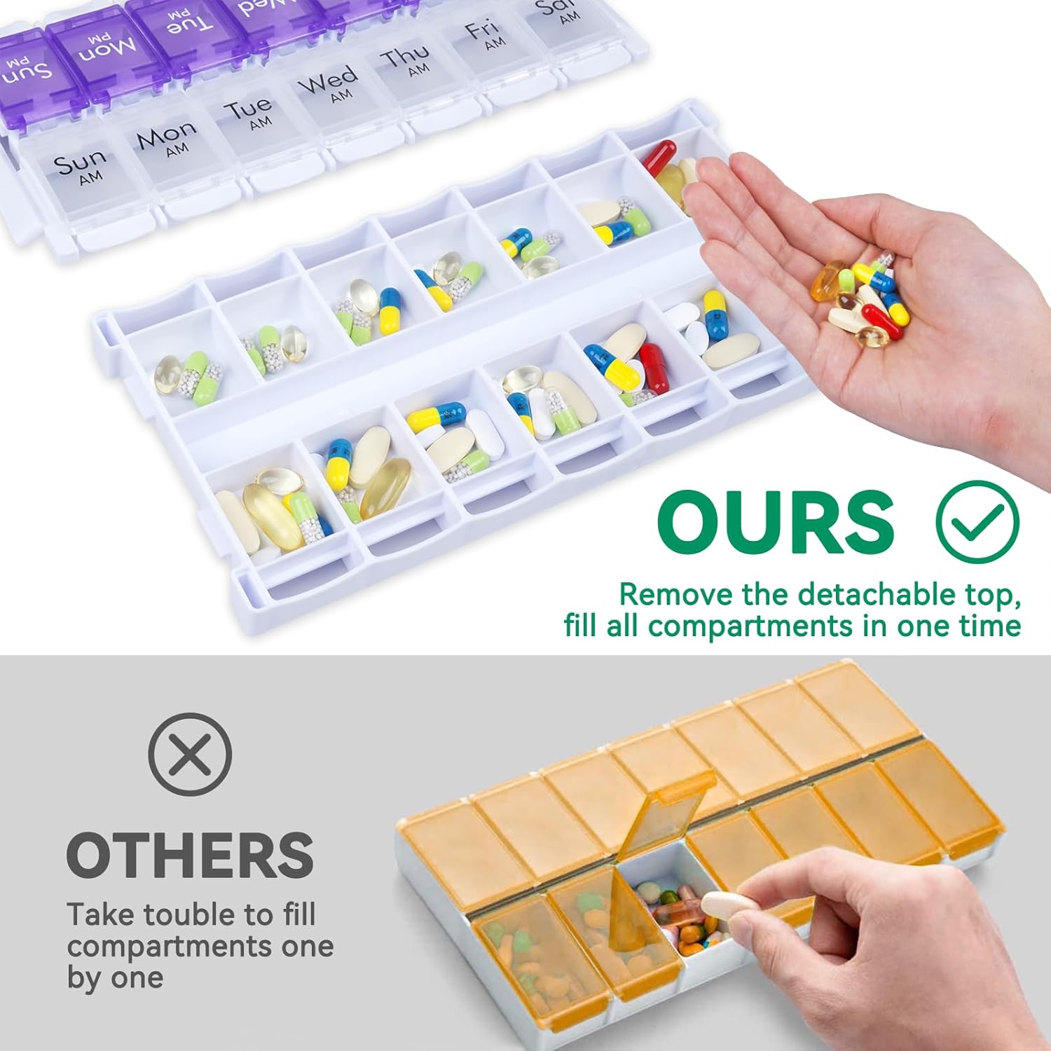 MERICARGO Organizador semanal de pastillas 2 veces al día, pastillero grande fácil de llenar 7 días, organizador de medicamentos Am Pm, pastillero