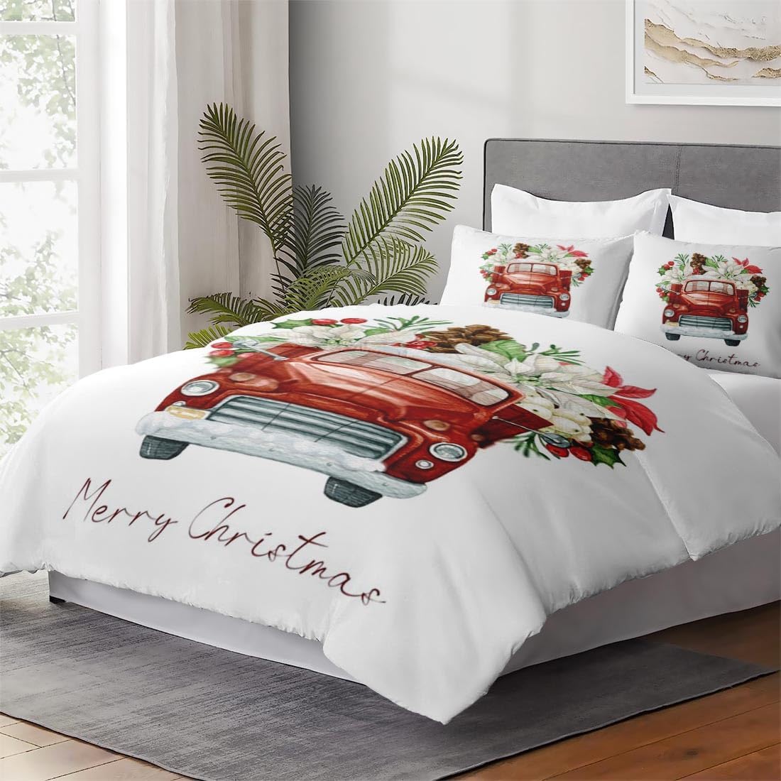 Juego de funda de edredón, juego de ropa de cama de flores rojas de Navidad para niños y adultos, decoración de dormitorio de hojas de pino, juego