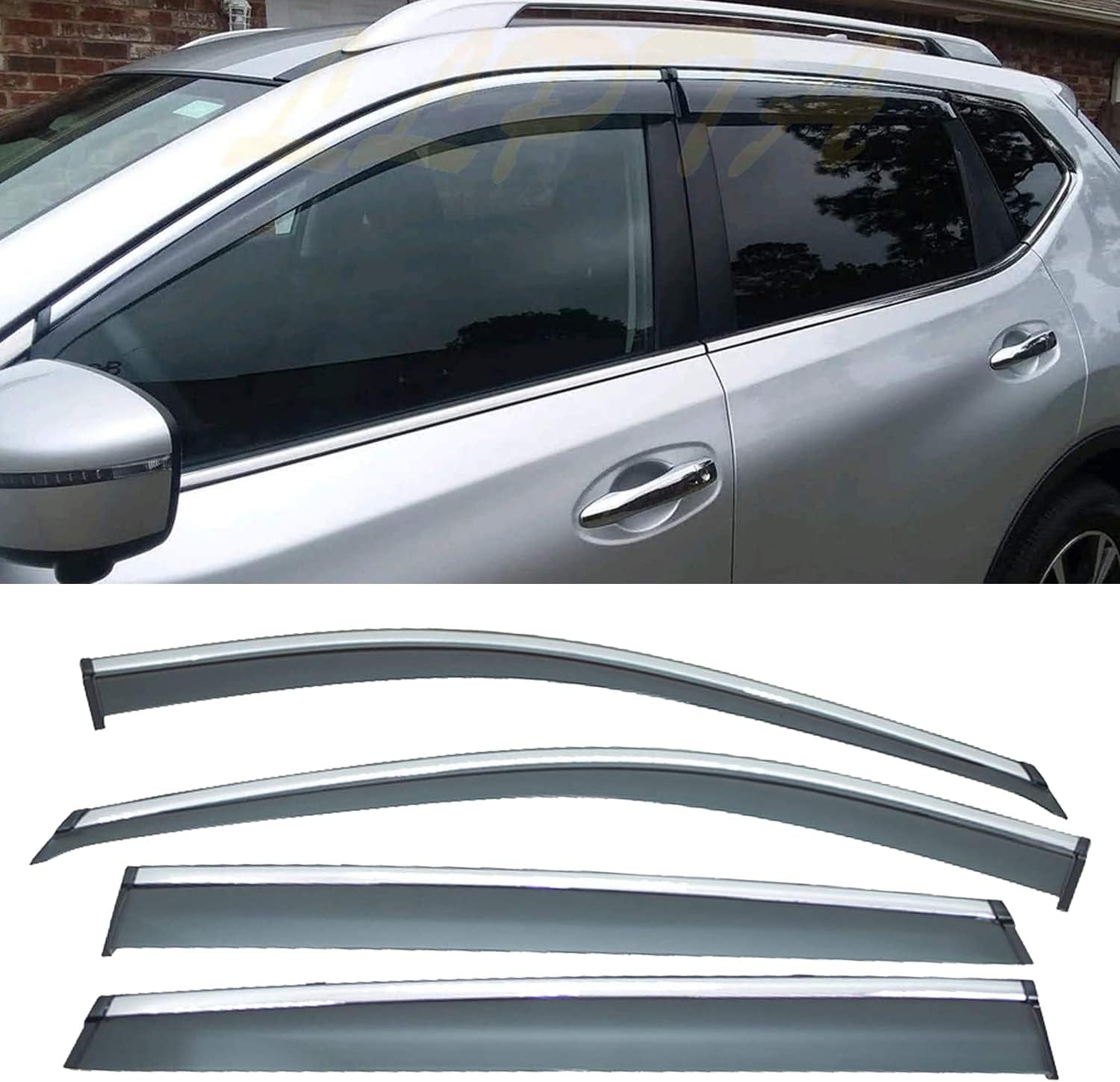 4 viseras de ventana compatibles con 14-18 X-TrailRogue Smoke Tint con borde cromado, cinta de montaje exterior, estilo clip, ventilación de PVC Sun