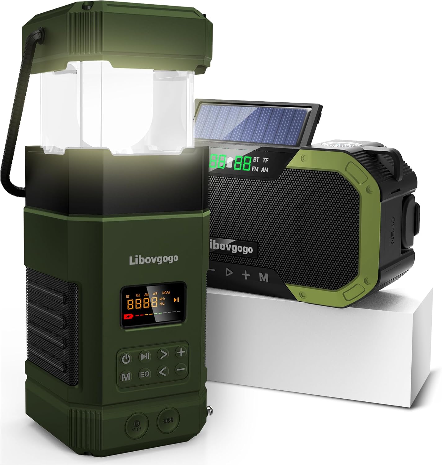 Libovgogo DF-585 – Linterna LED de emergencia para acampar, altavoz Bluetooth estéreo impermeable IPX5, radio de alerta meteorológica NOAA con