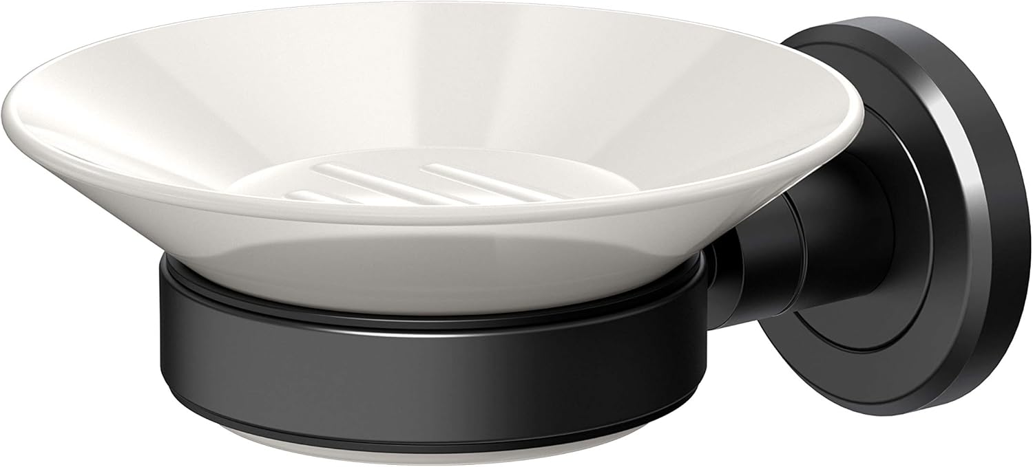 Gatco 1940MX Latitude II, soporte para jabonera, combo blanco y negro mate  Jabonera de porcelana montada en pared con soporte en negro mate  2.10