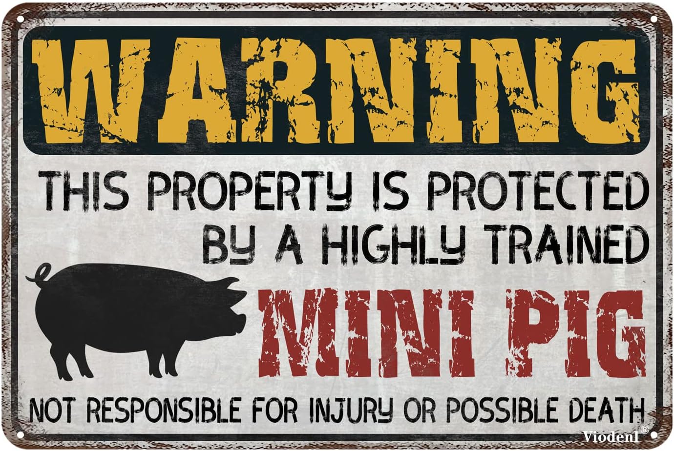 Letrero de advertencia de metal vintage con texto en inglés This Property is Protected by a highly trainined mini-cerdo Yard StreetGarden Garage