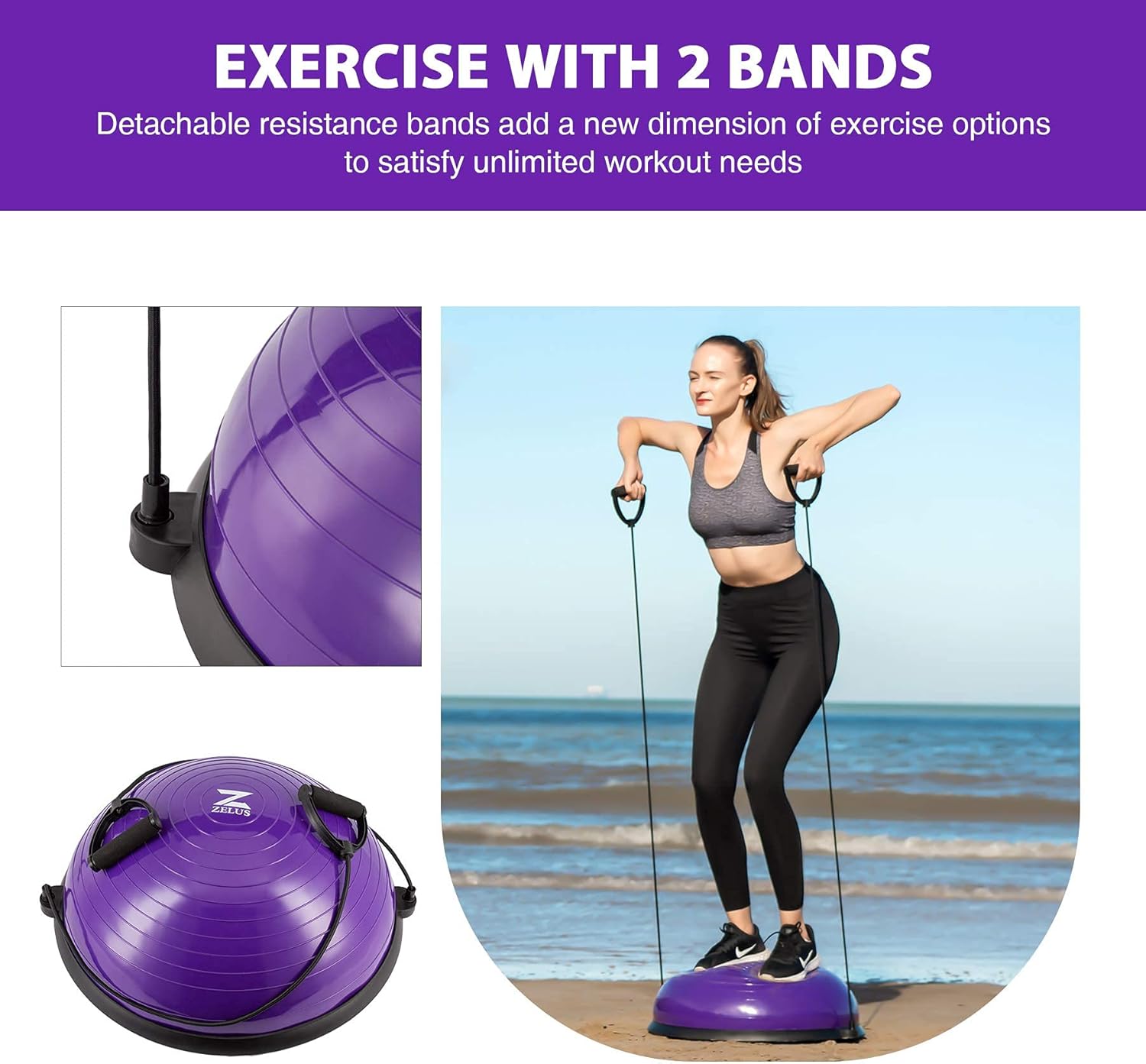 ZELUS Entrenador de pelota de equilibrio con bandas de resistencia y bomba de pie, pelota de yoga inflable para entrenamientos de gimnasio en casa,