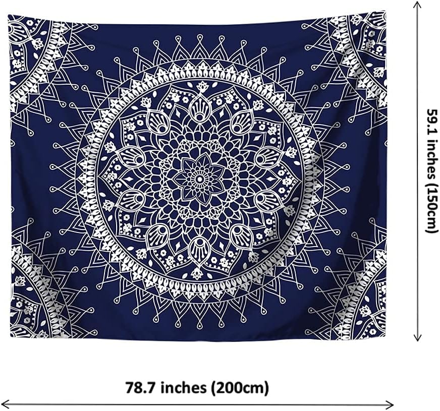 Jewelry-Box Bohemian Psychedelic Colorful Mandala Tapestry Wall Decoration for Room (Dark Blue&White)(59.1 * 78.7 inches, 150 * 200 cm)