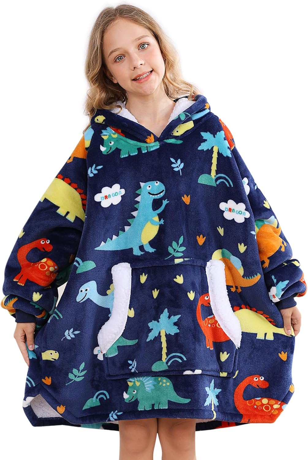 Uttermara Manta con capucha para niños, manta Sherpa de gran tamaño con capucha de sherpa, bolsillo frontal y mangas, acogedora sudadera suave y