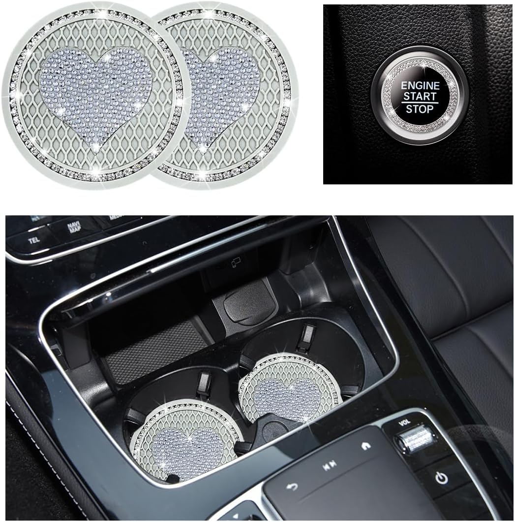 Paquete de 2 posavasos brillantes para automóvil y 1 funda para botón de inicio y parada, tapete de cristal de corazón de 2.75 pulgadas, accesorios
