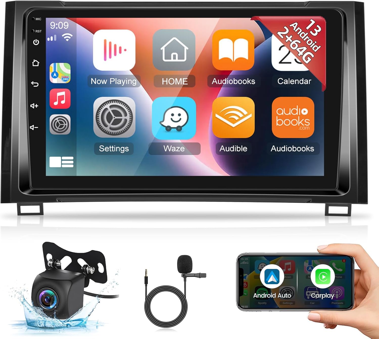 Radio de coche Android 2+64G para Toyota Tundra 2014-2017 con Apple Carplay y Android Auto – Pantalla táctil de 9 pulgadas Soporte estéreo WiFi GPS