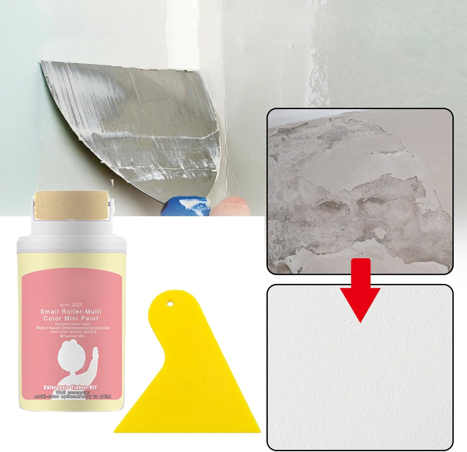 Cepillo de parcheo de pared con rodillo pequeño, kit de reparación de pared de spackle todo en uno, kit de reparación de pared en rollo, cepillo