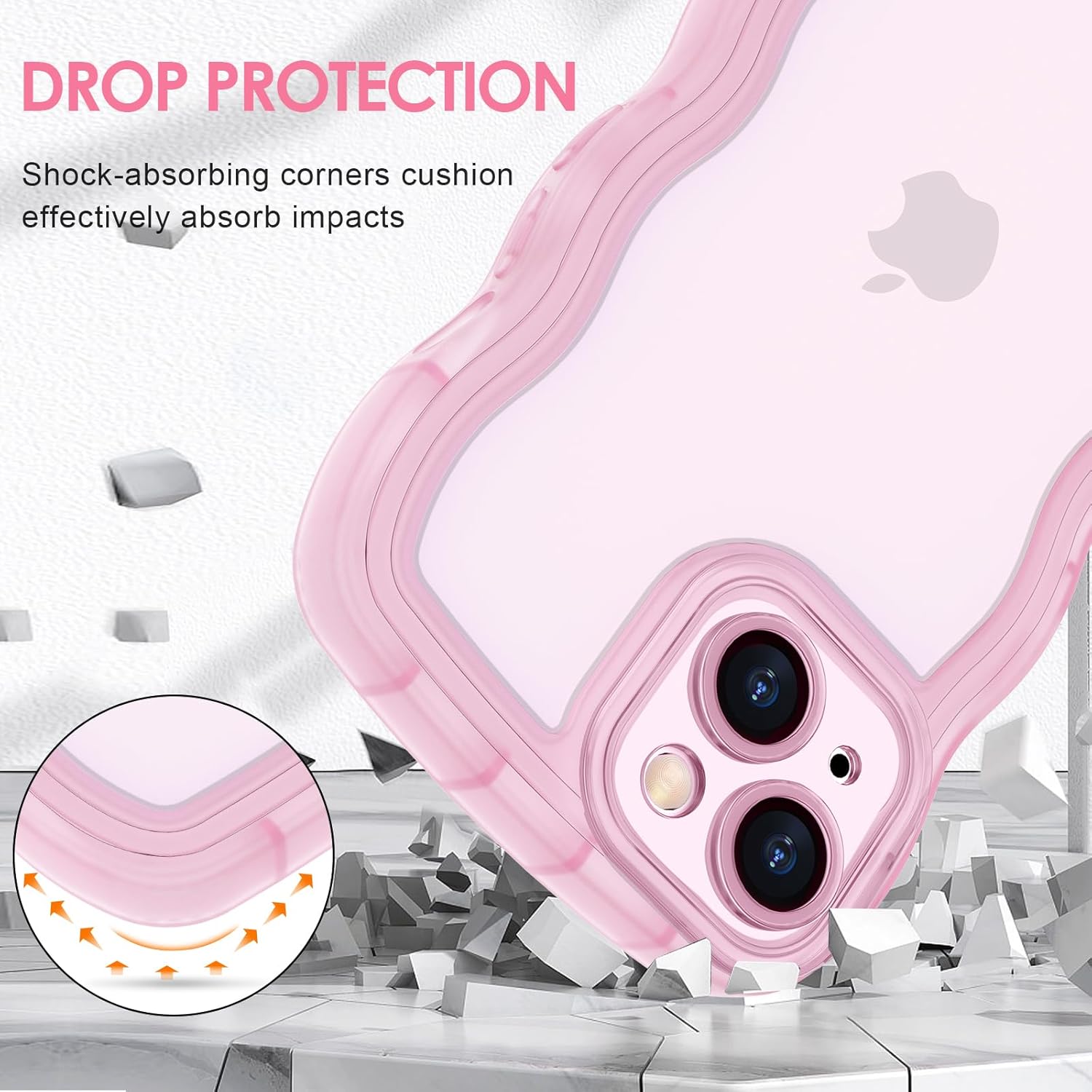 Anuck Funda para iPhone 15 con borde ondulado, diseño de parte trasera transparente, agarre antideslizante, forma de marco rizado ondulado, a prueba