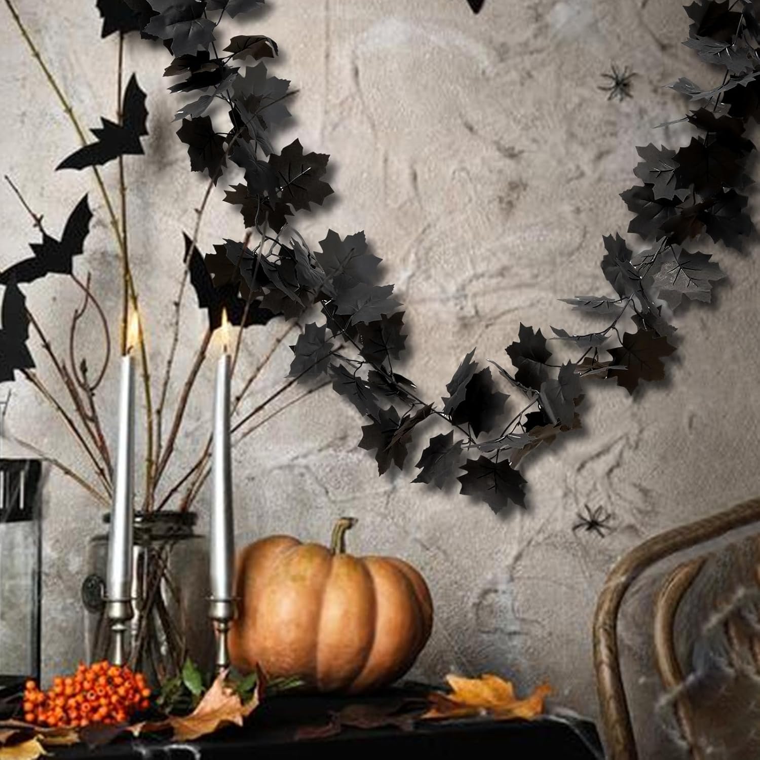 Decoraciones de Halloween, 5 unidades, guirnalda de hojas de arce negro, guirnalda de hojas negras, guirnalda de Halloween para manto, puerta