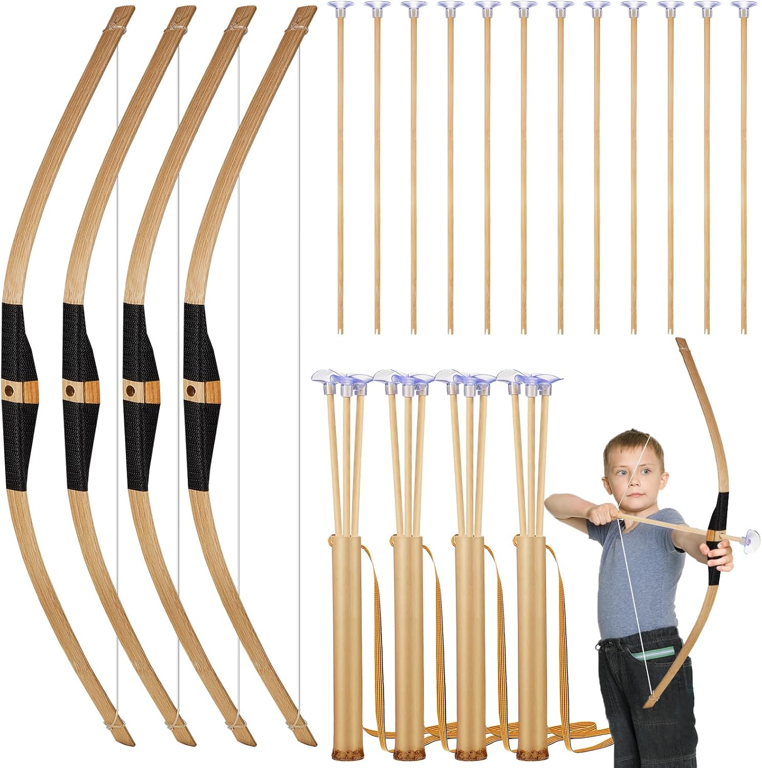 Juego de arco y flecha de madera para niños, incluye 4 lazos de madera, 12 flechas de madera con ventosas y 4 soportes para flechas para jugar al