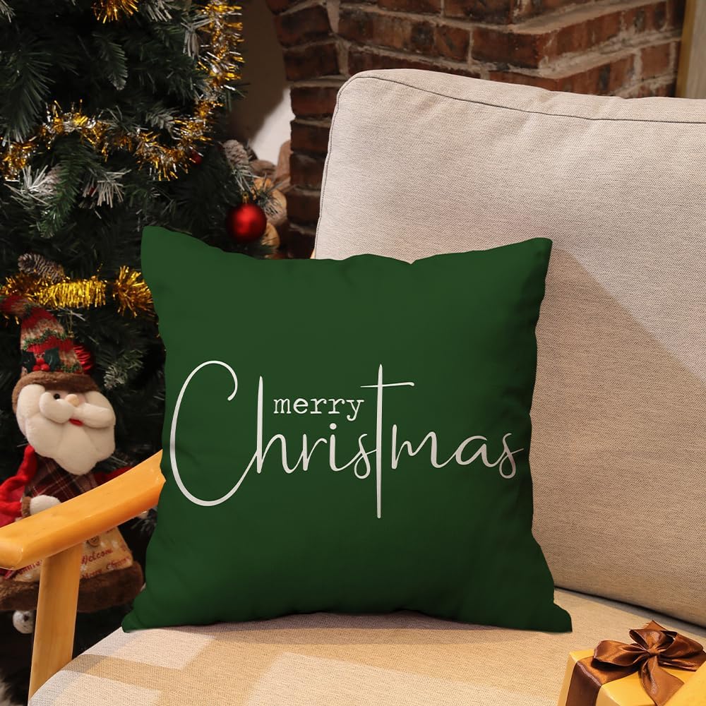 Fundas de almohada navideñas con texto en inglés Merry Christmas, decorativas, de tela de algodón, color verde, de lino, funda de almohada para