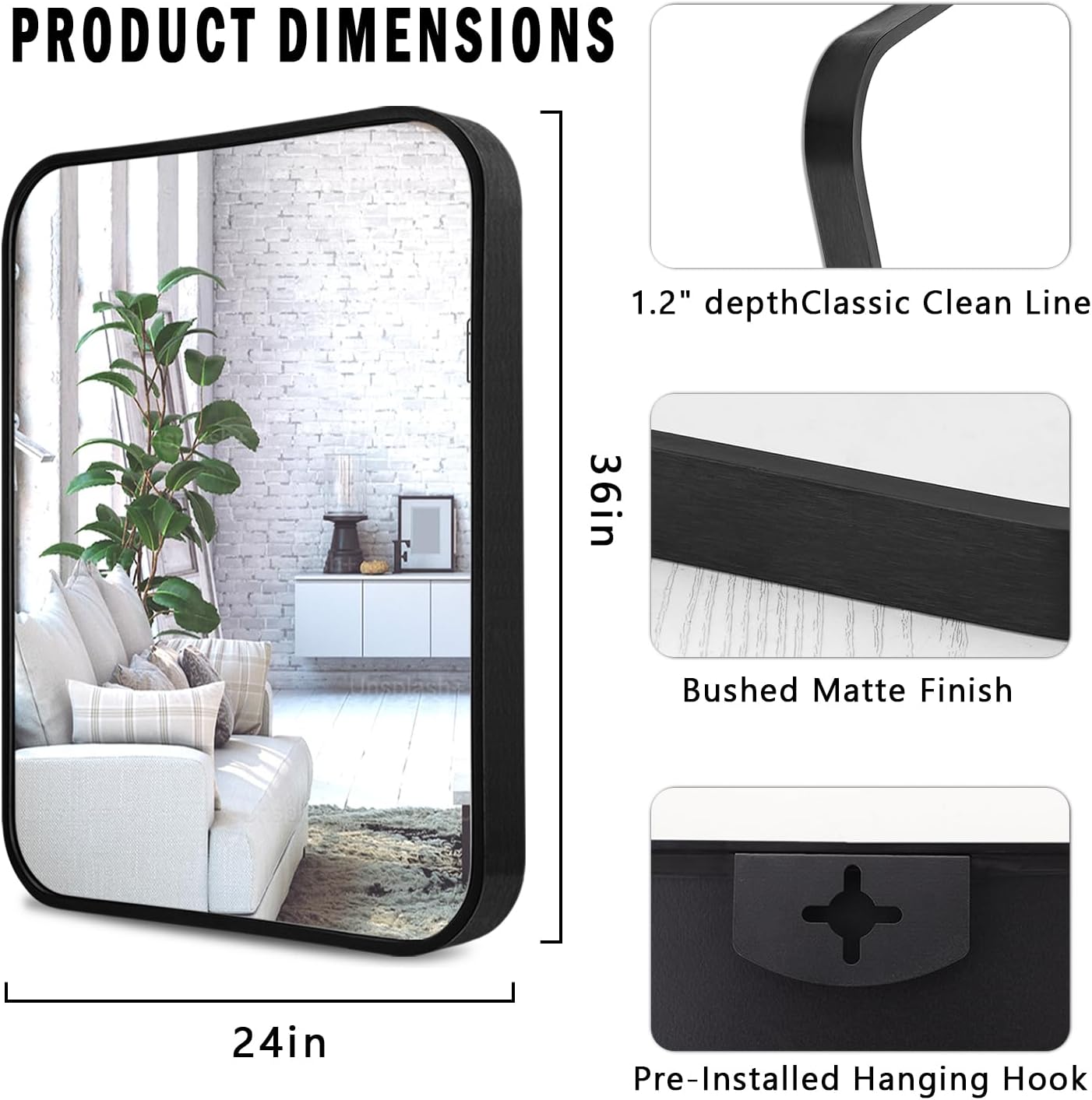 Espejo de baño grande con marco de metal para pared, rectángulo redondeado que se cuelga horizontal o verticalmente, espejo para baño, tocador,