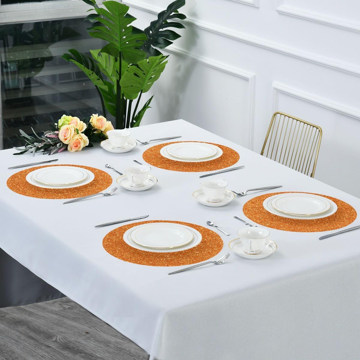 Juego de 6 manteles individuales redondos con purpurina de color naranja brillante para cocina, para decoración de fiestas del hogar, vacaciones, 15