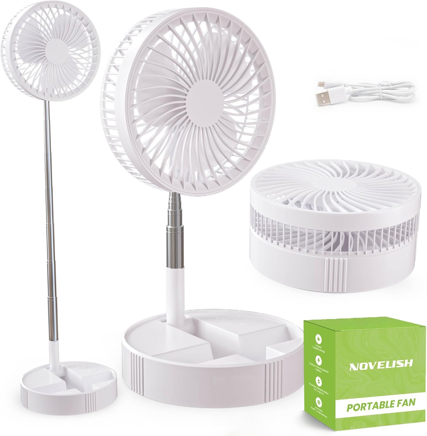 NOVELISH Ventilador de pedestal plegable, ventilador inalámbrico de pie, ventilador de escritorio plegable, batería recargable de 7200 mAh, diseño