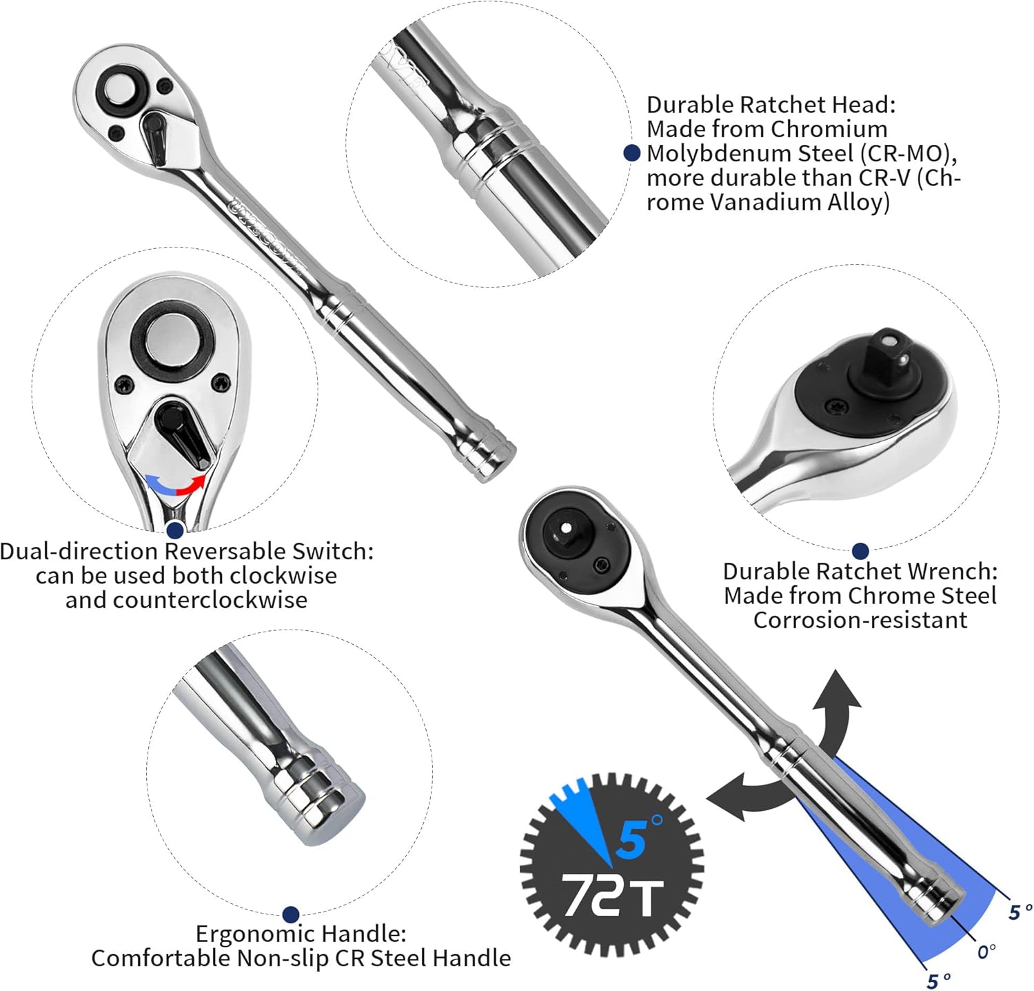 Llave de trinquete de 12 pulgada, llave de trinquete de 12, llave de enchufe, cabeza Cr-Mo reversible de liberación rápida de 72 dientes, fabricada