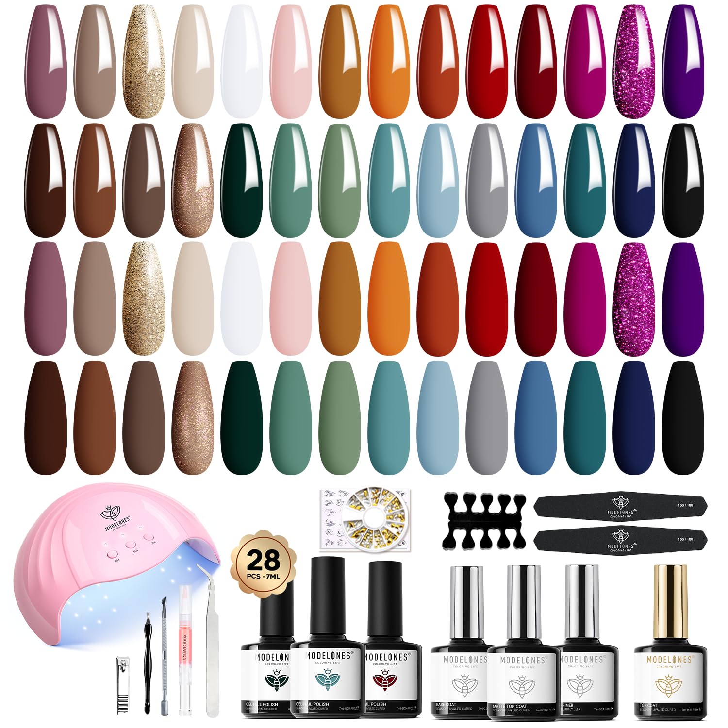 Modelones Kit de manicura de esmalte de uñas de gel con kit de iniciación de luz UV, 28 colores de otoño e invierno, juego de gel de uñas sin