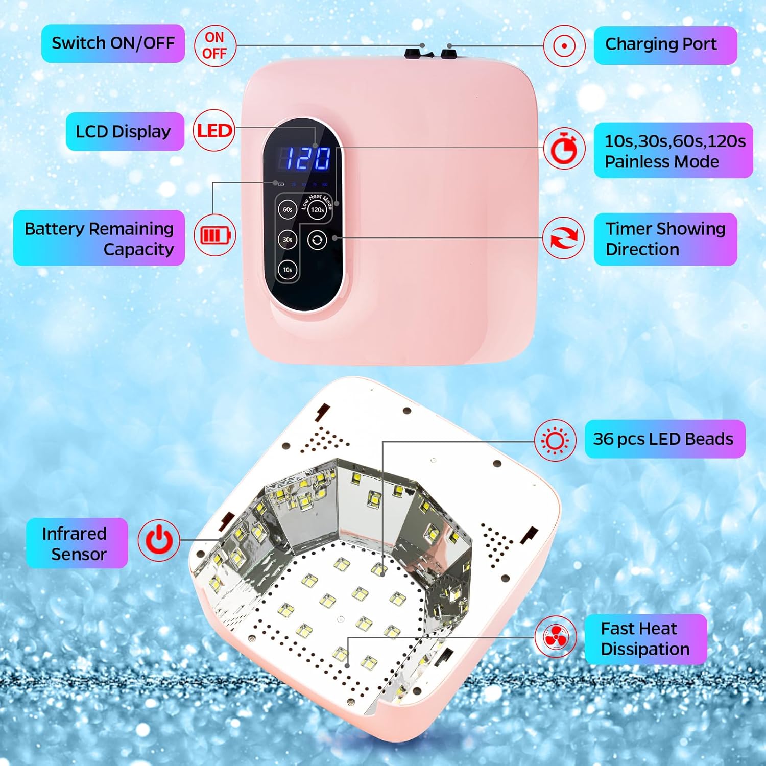 Lámpara de uñas LED UV inalámbrica, lámpara de uñas recargable de 72 W, secado rápido, secado rápido, luz de esmalte de gel profesional con 4