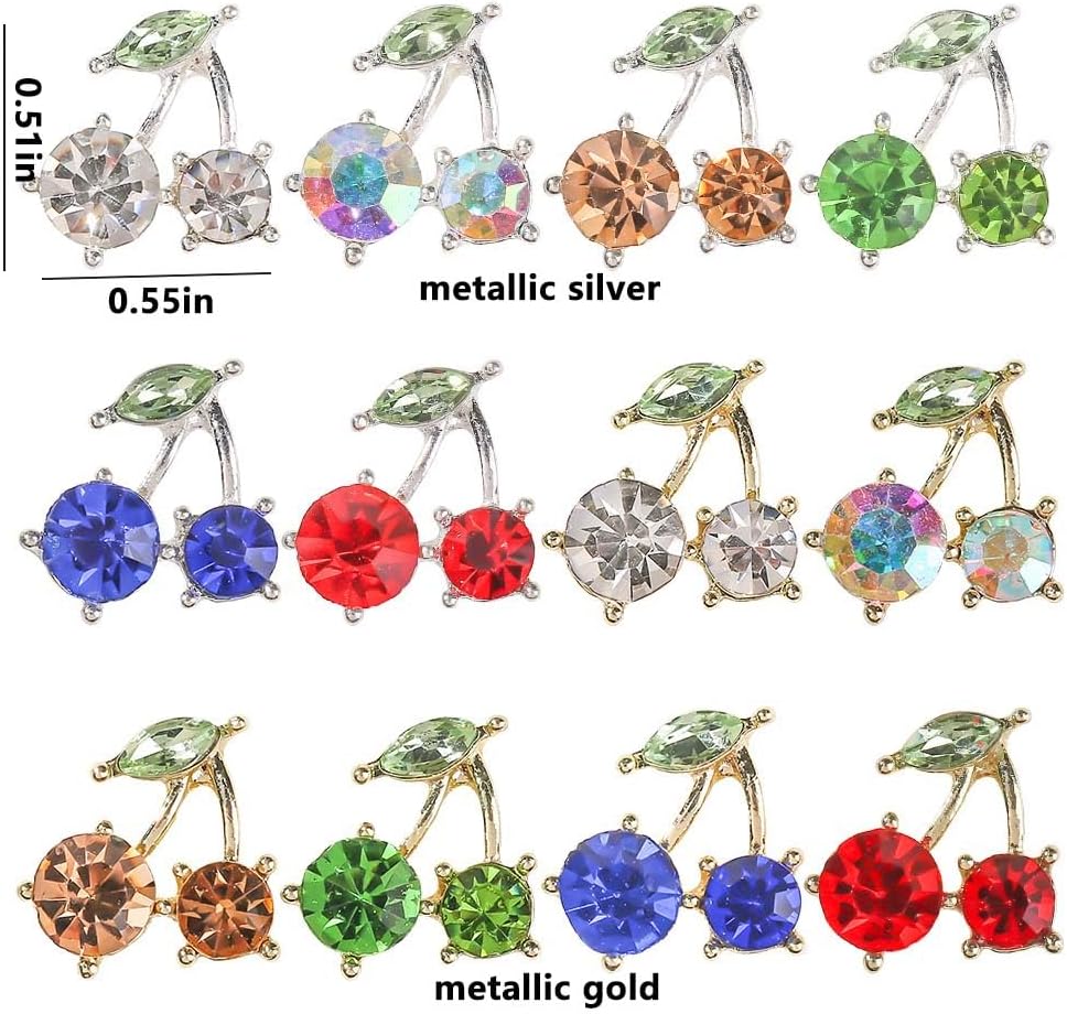 36 piezas de diamantes de imitación de uñas brillantes de cerezo, 3D dorado y plateado, dijes de uñas de cereza, bonitos dijes de uñas para mujeres