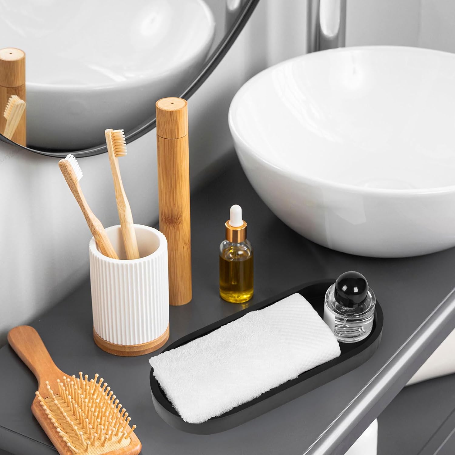 Bandeja ovalada de tocador de baño, pequeño organizador decorativo de bambú para encimera de cocina, tanque de inodoro y tocador, bandeja de velas y