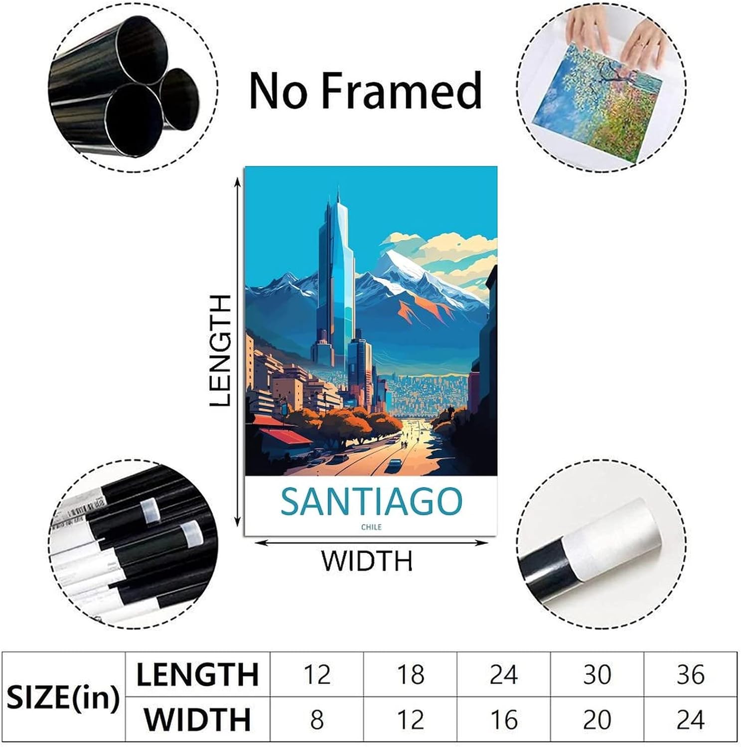 Santiago Chile – Póster de viaje vintage de paisaje de 08 x 12 pulgadas (7.9 x 11.8 in), lienzo artístico y lienzo para pared, póster de sala de