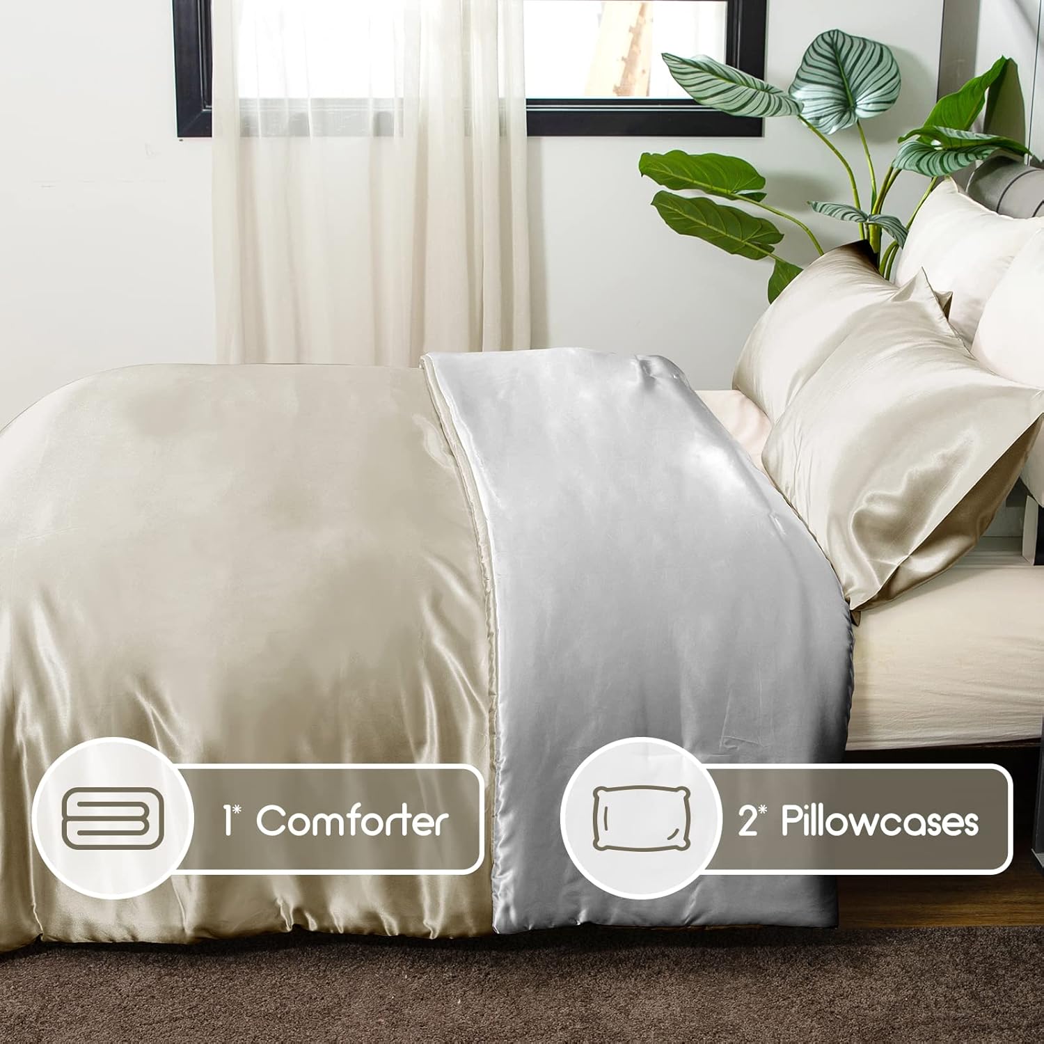 REDKEY Juego de edredón de satén tamaño King, lujoso juego de edredón reversible reversible de dos colores con 2 fundas de almohada, tamaño King,