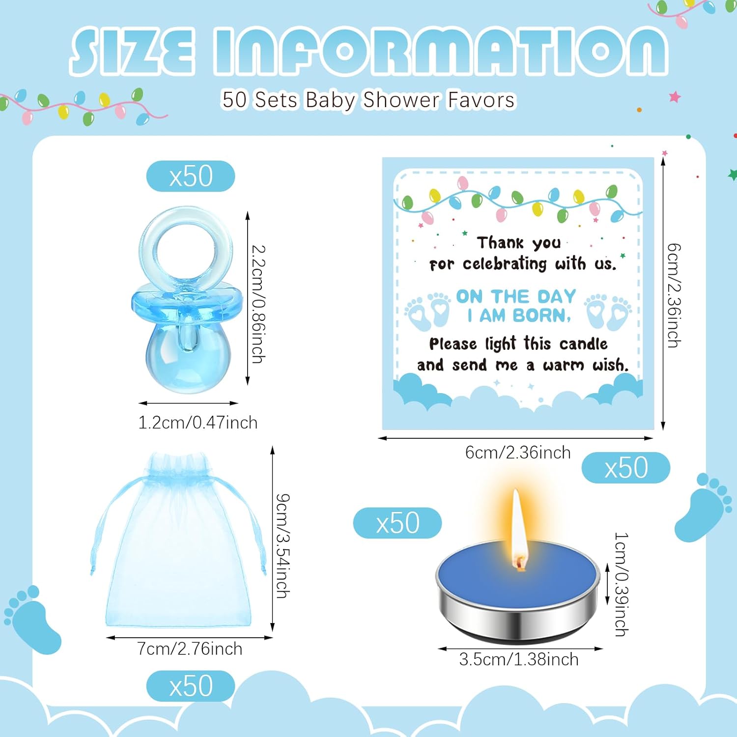 Ctosree 50 juegos de regalos de baby shower para invitados, 50 lindos chupetes de bebé, 50 velas de luz de té, 50 etiquetas de agradecimiento, 50