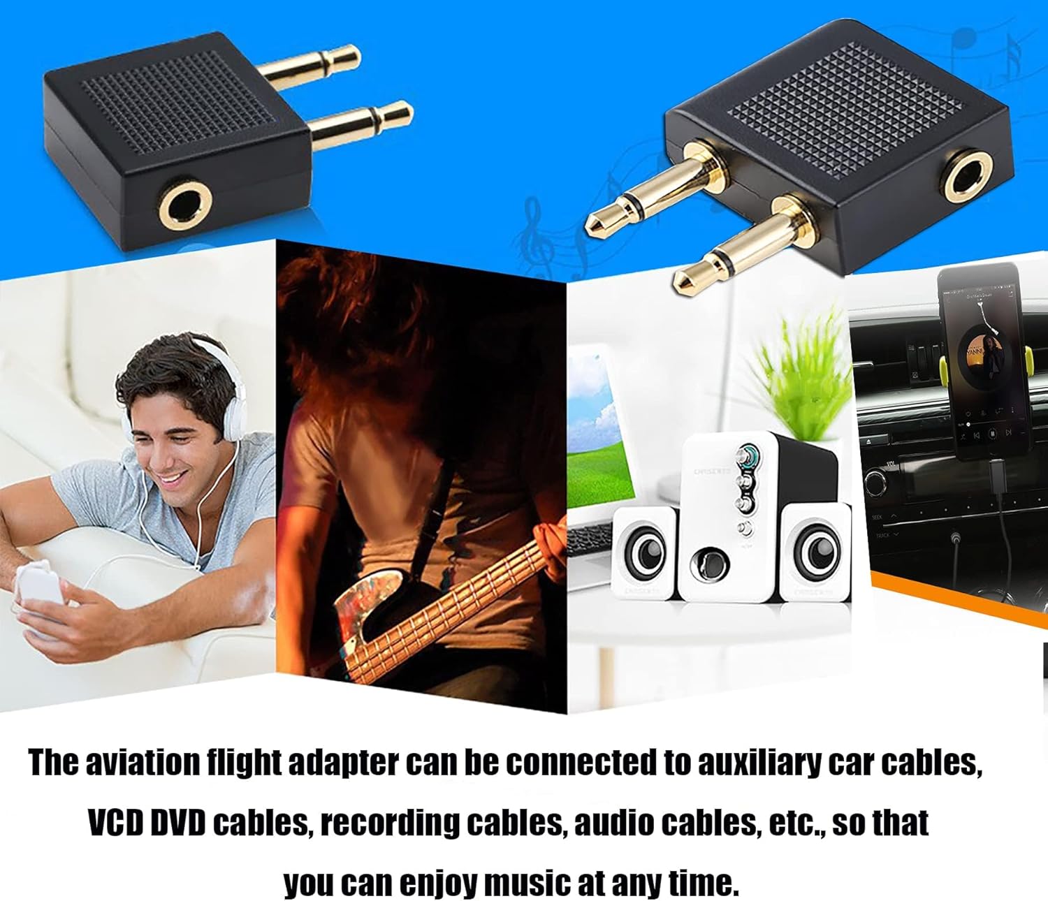 Adaptador de auriculares de avión, enchufe Airfly, conector estéreo dual de 0.138 in macho a hembra, adaptador de auriculares de línea aérea