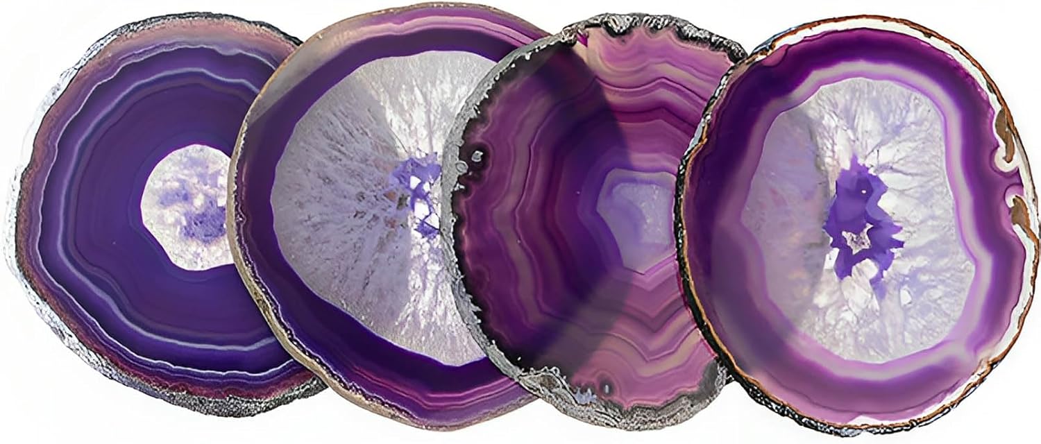 AMOYSTONE Posavasos de ágata para bebidas, posavasos de piedra de cristal, geoda, decorativo, morado, regalos antideslizantes, juego de 4, 3-3.5