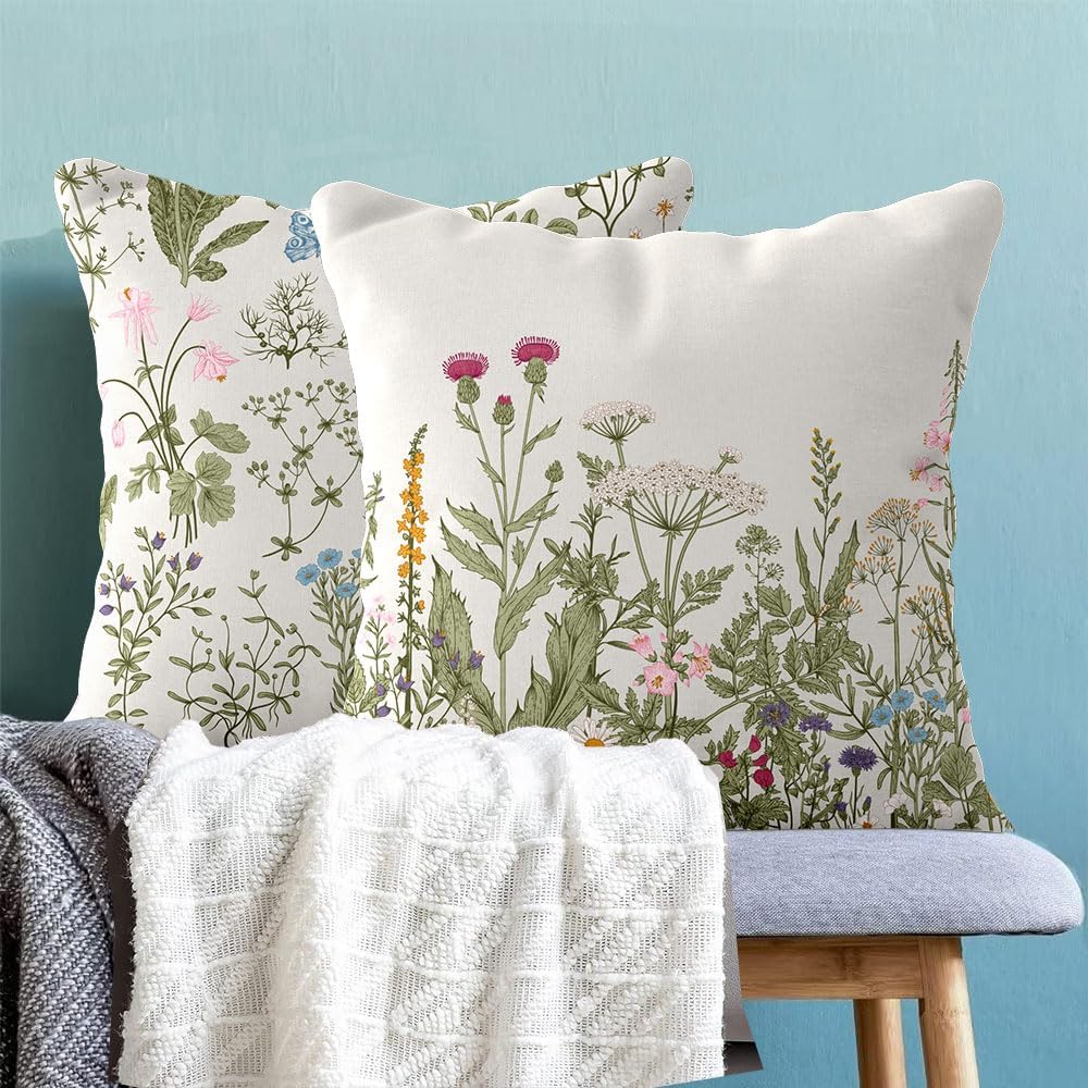 Funda de almohada floral de flores, hierbas botánicas, flores silvestres, plantas de jardín, acuarela, floral, hojas verdes salvia, ropa de cama