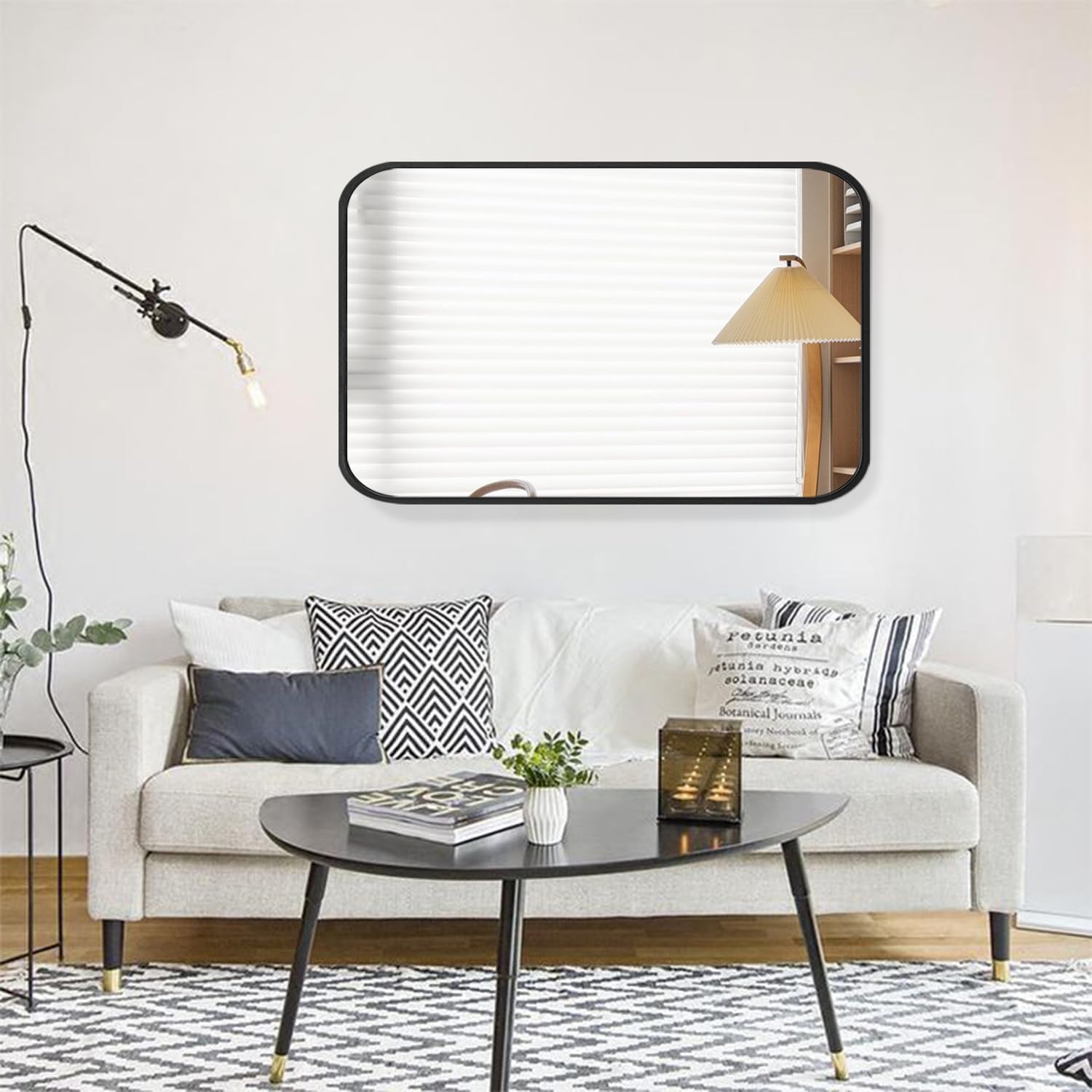 Espejo de baño grande con marco de metal para pared, rectángulo redondeado que se cuelga horizontal o verticalmente, espejo para baño, tocador,