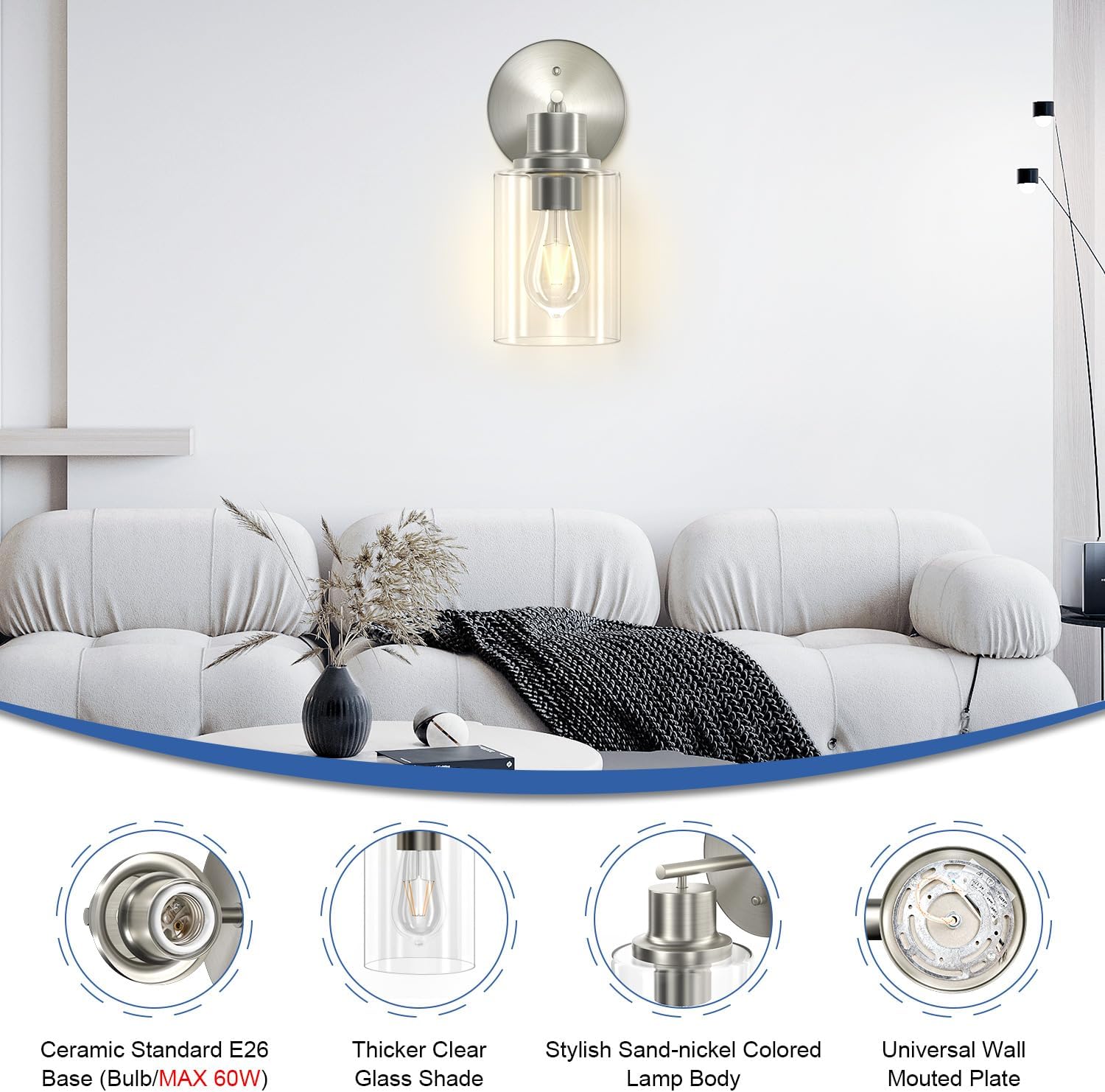 GORDNWE Aplique de pared de baño de 1 luz, luz de tocador de níquel cepillado, moderna lámpara de pared con pantalla de vidrio transparente y base