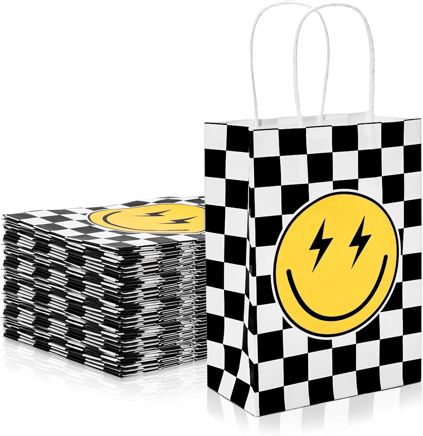 AnyDesign 16 bolsas de regalo de papel de cara sonriente con asas, bolsas de regalo de papel a cuadros a granel, bolsas de dulces para baby shower,