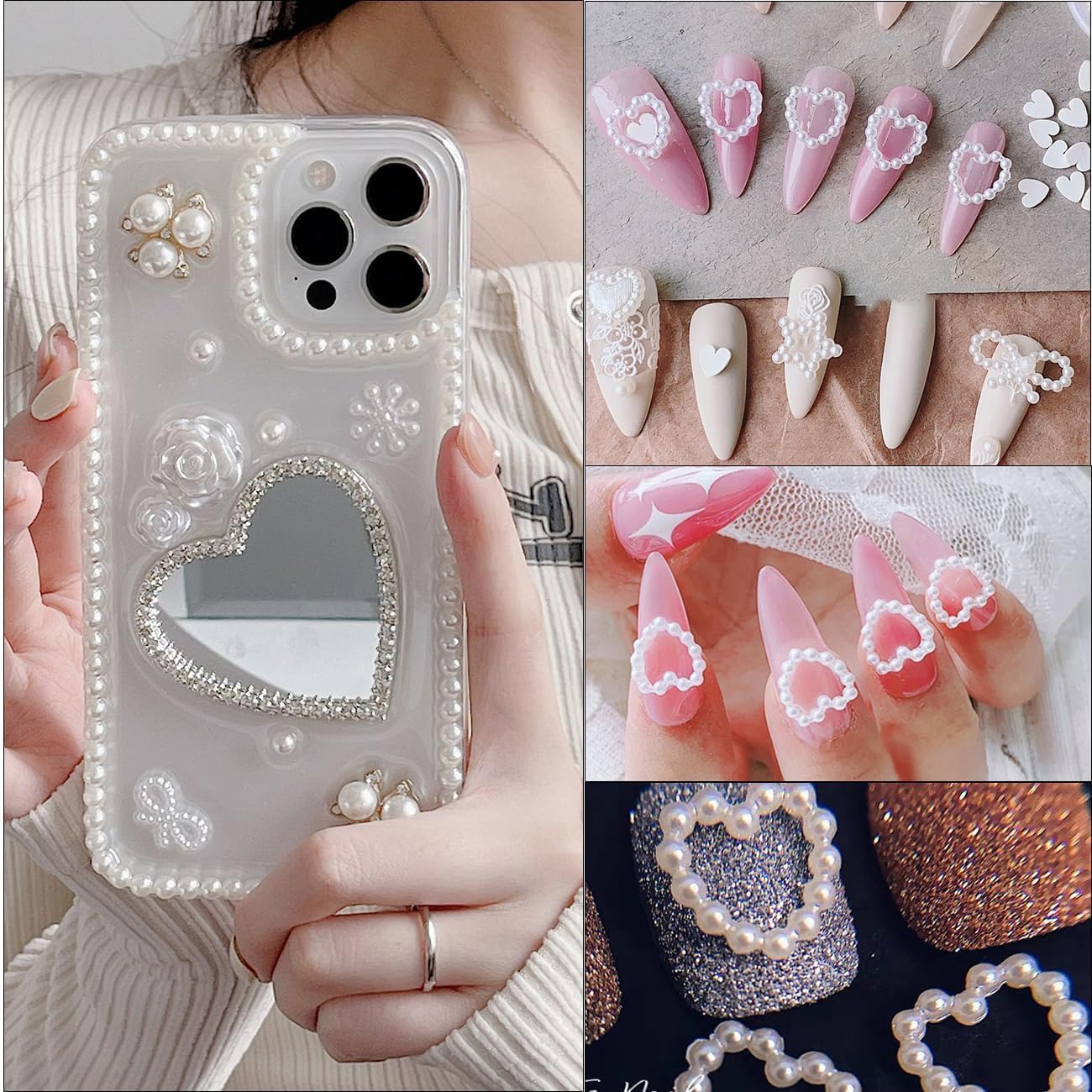 900 dijes de uñas 3D de múltiples formas blancas y perlas de parte trasera plana, perlas huecas, estrellas, arco, corazón, estrella, luna, dijes de