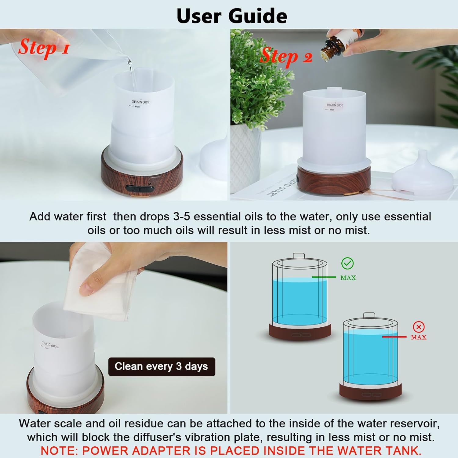 Difusor ultrasónico de aceite de esencias de niebla fría con capacidad de 3.4fl oz (100 ml). Difusor de aromaterapia de metal con protección de