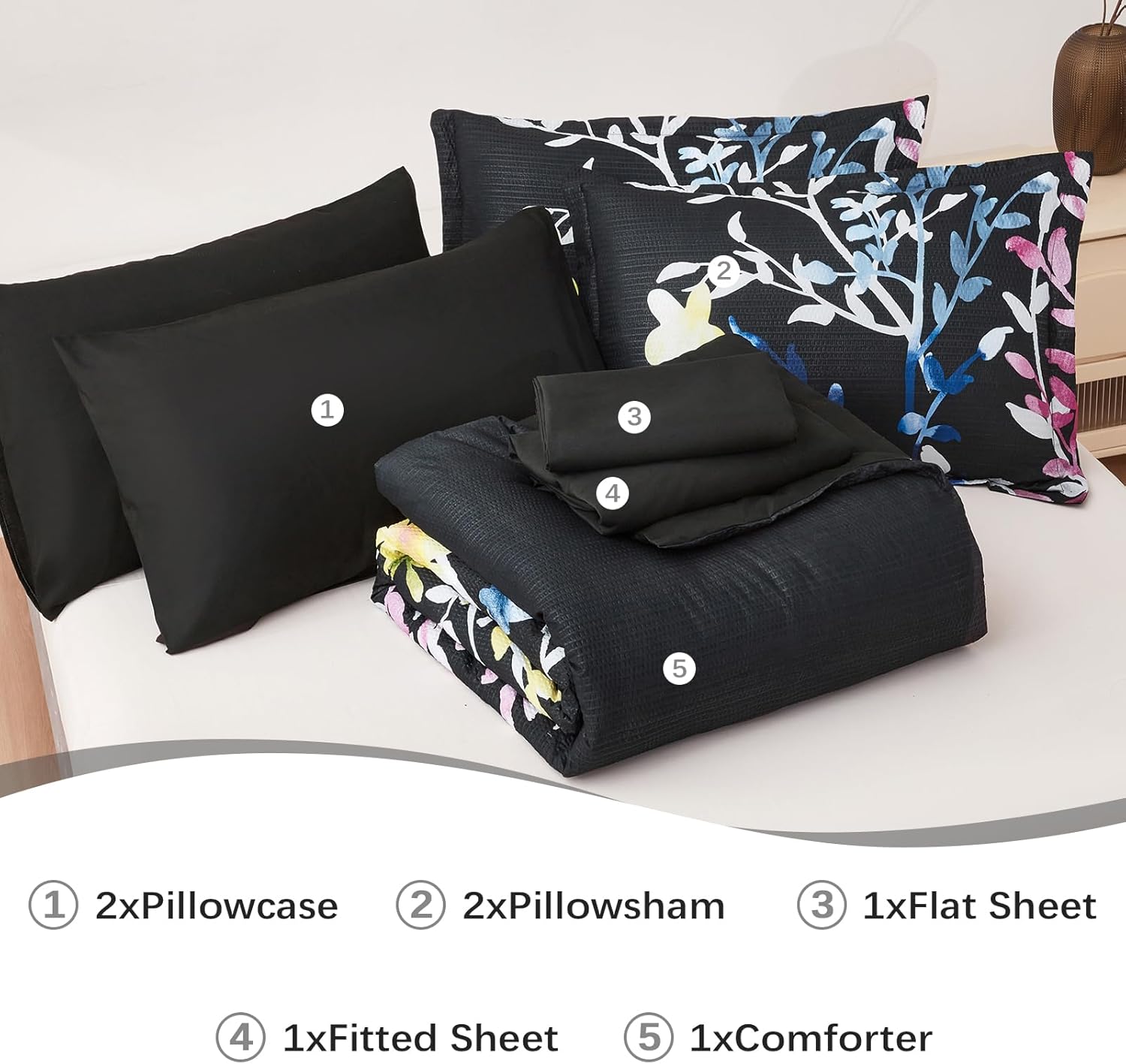 Menghomeus Juego de edredón de 7 piezas, color negro, tamaño King, diseño floral de sirsaca suave, juego de ropa de cama de microfibra para todas