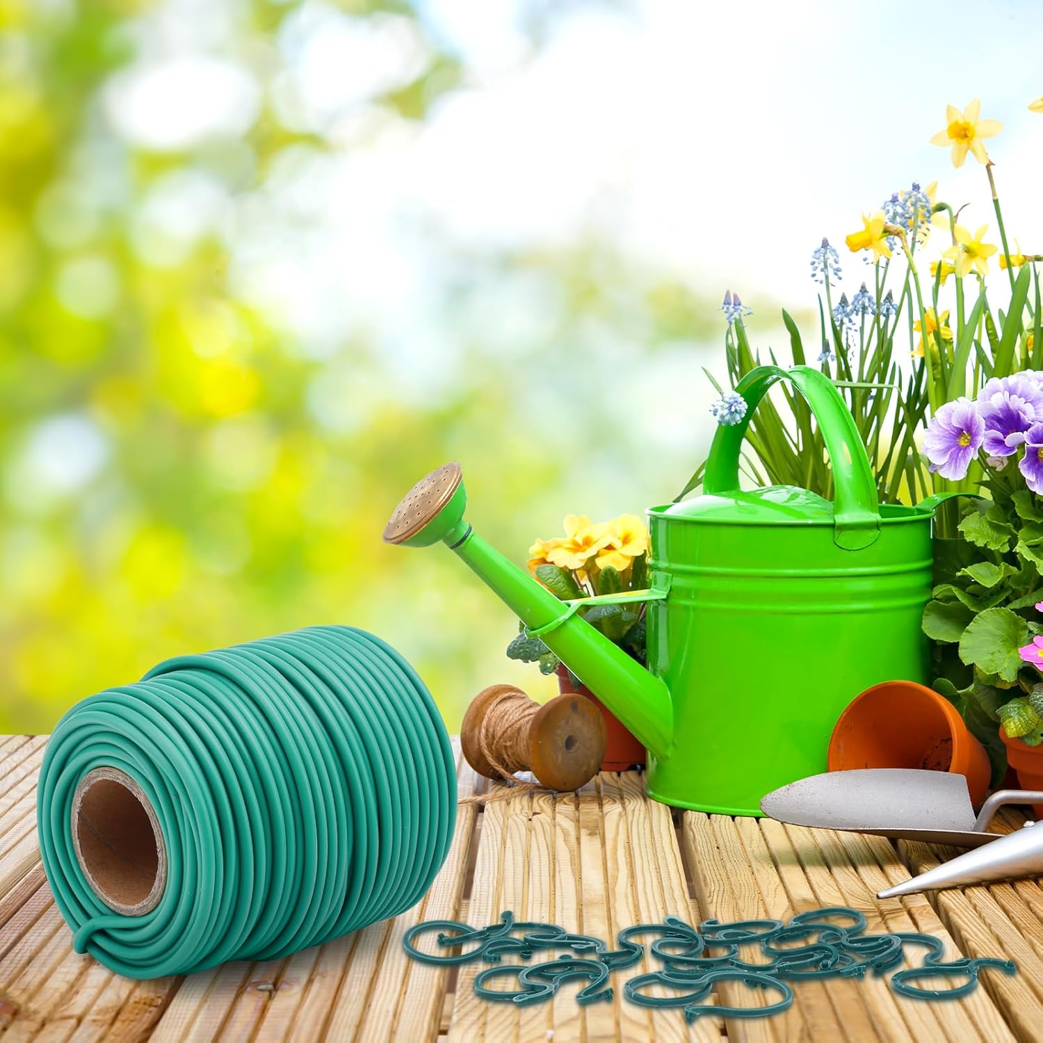 TELENT OUTDOORS Lazos suaves de 160 pies para plantas, lazos verdes con 20 clips para plantas, jardinería, organización de oficina en casa, cordel